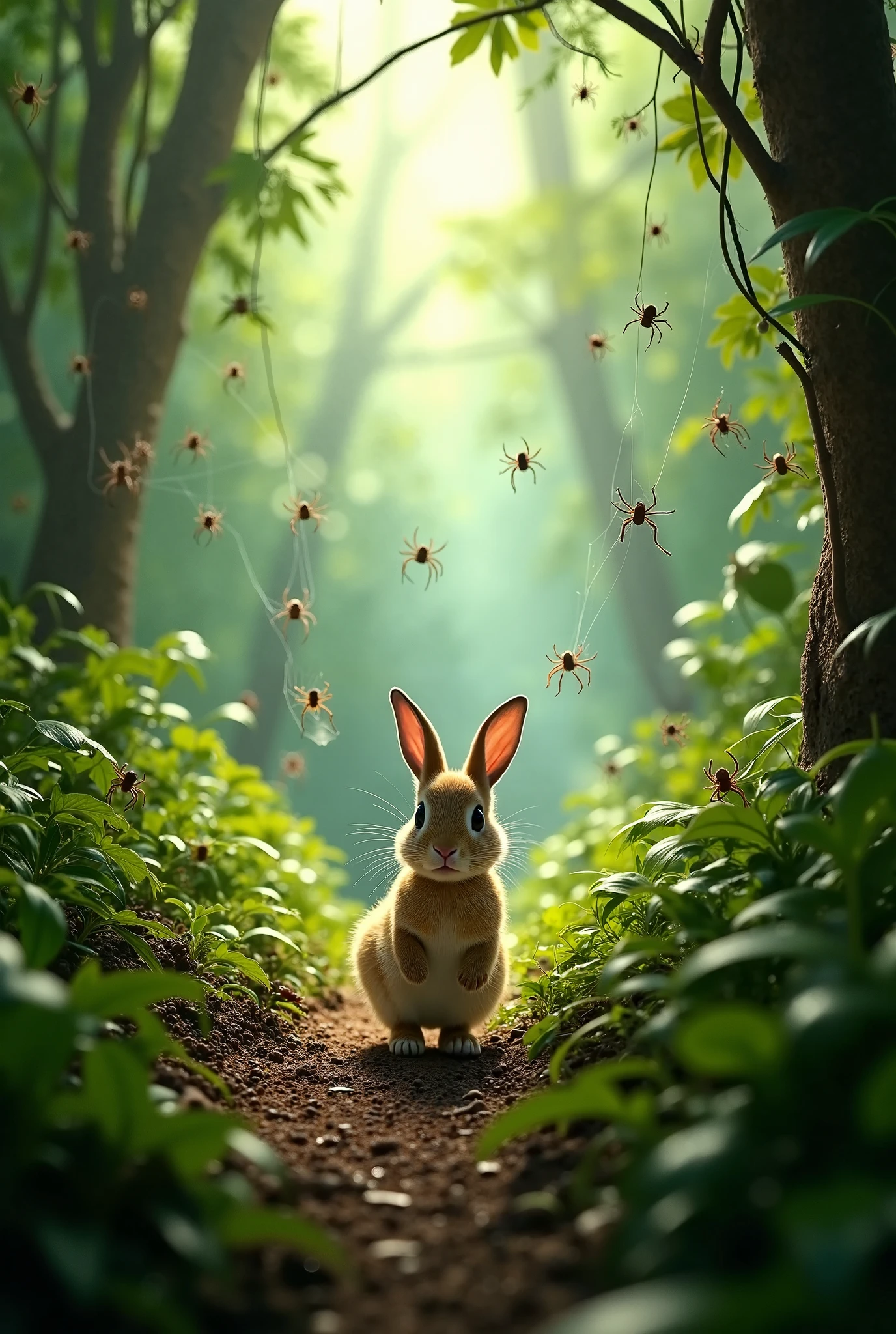 There is a small rabbit sitting on the ground in the woods - SeaArt AI