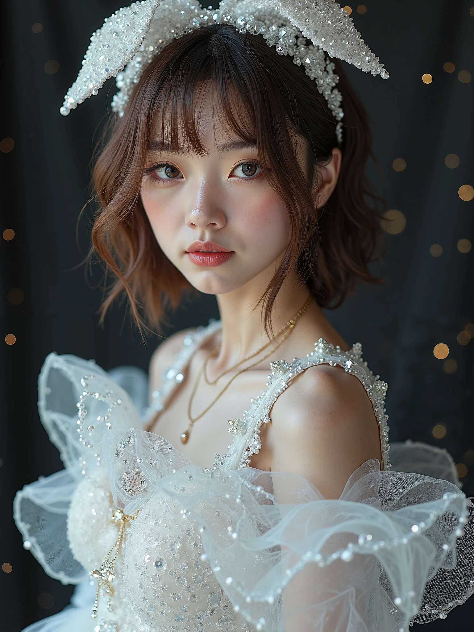 There is a woman wearing a white dress and a tiable - SeaArt AI