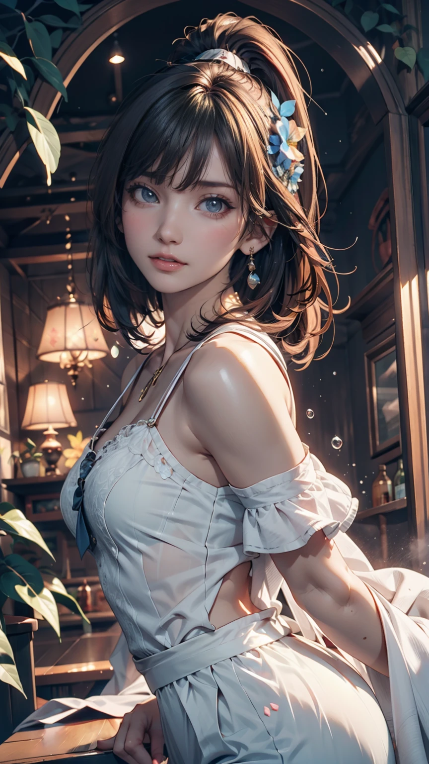(masterpiece), (Highest quality), (Super detailed),(Disheveled Hair),(figure), (1 person), Are standing, Fashion Model, View your viewers, (interview), (Detailed Background),Beautiful attention to detail, Delicate and beautiful face, floating,(High saturation),(Colorful splashes),Colorful Bubbles,(The Shining), Focus on the face, Floating Flowers, Floating hair, (The Shining), Best lighting, Best Shadow, 1 Bad only