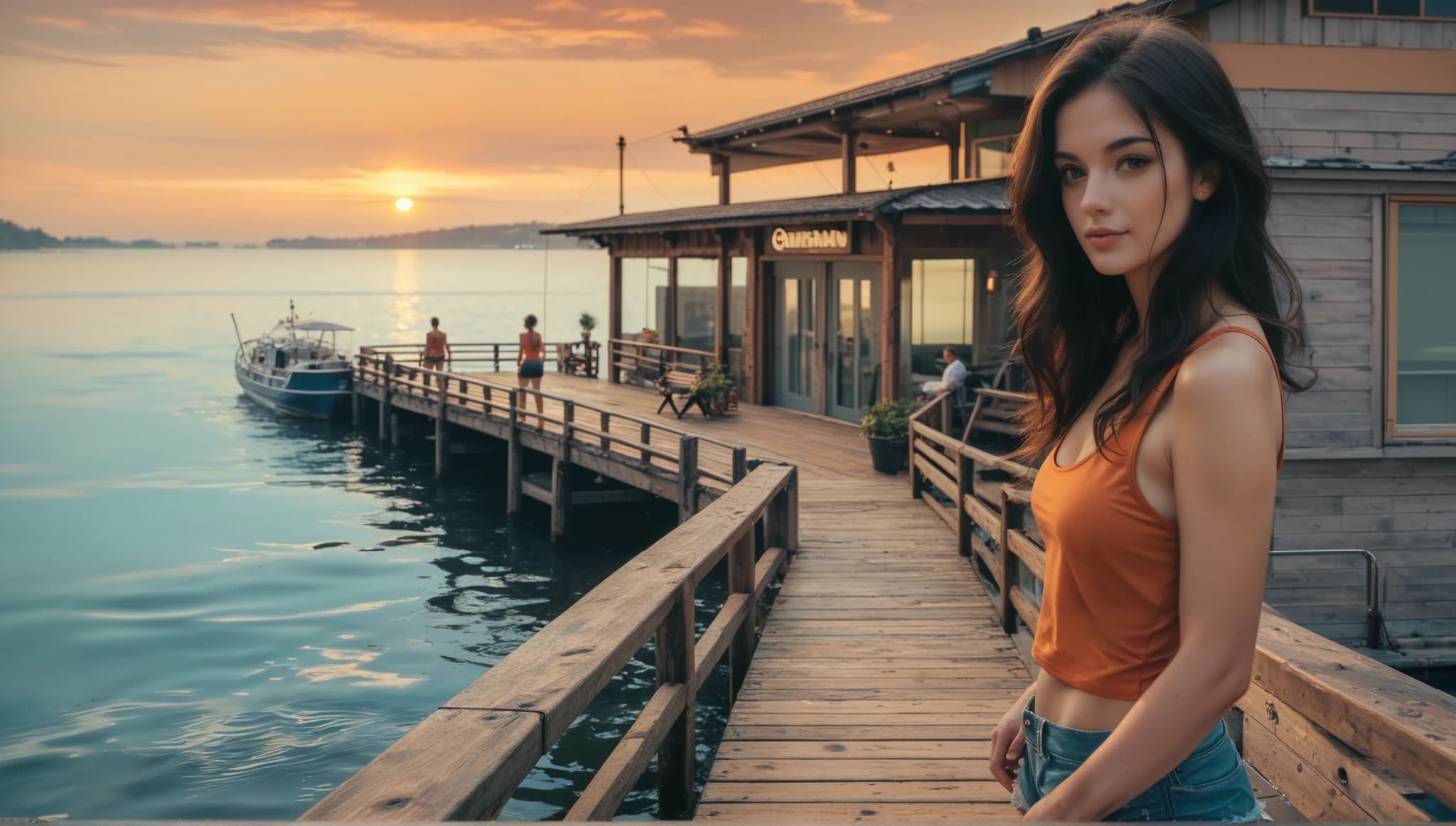 photo of a woman standing on a pier next to a body of water, firm body, ample breastsfine details, tank top and shorts, orange evening sunset, natural light