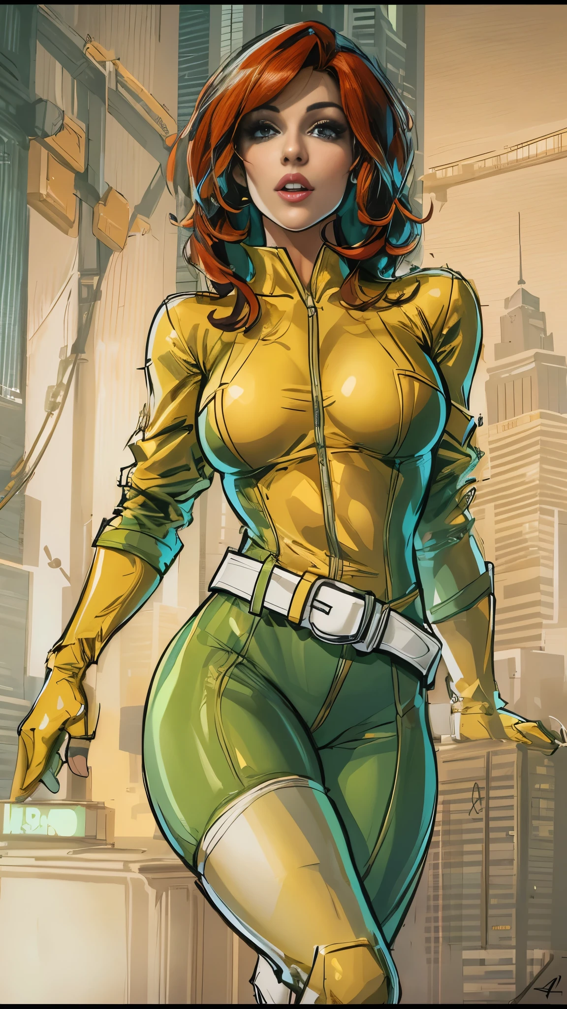 The prompt for the sexy depiction of April O'Neil from the age Mutant Ninja Turtles should be as follows:
April O'Neil in a sultry pose, wearing a form-fitting yellow jumpsuit with a white belt and white boots. She has beautiful, detailed eyes and lips, with long eyelashes. Her hair is red and mid length. The medium is a realistic digital illustration or photograph with high resolution (best quality, 4k or 8k). The image should be ultra-detailed, capturing every aspect of her appearance. The color tone is vibrant, with vivid colors that enhance her attractiveness. The lighting is soft and glamorous, with a studio lighting style that brings out her features. The background complements her character, suggesting an urban setting or a cityscape with a touch of mystery. (((white belt and boots))) short hair