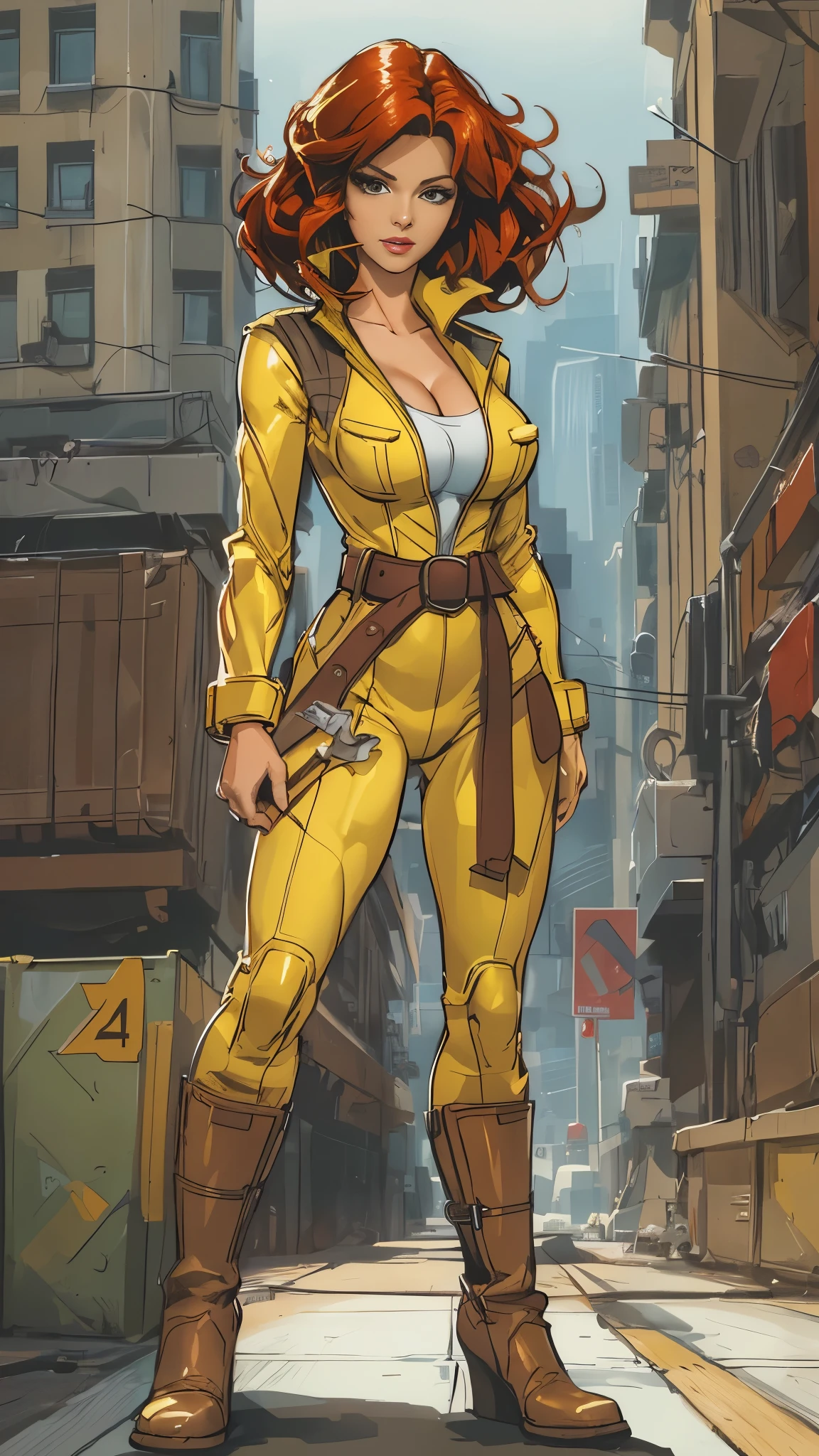 The prompt for the sexy depiction of April O'Neil from the age Mutant Ninja Turtles should be as follows:
April O'Neil in a sultry pose, wearing a form-fitting yellow jumpsuit with a white belt and white boots. She has beautiful, detailed eyes and lips, with long eyelashes. Her hair is red and mid length. The medium is a realistic digital illustration or photograph with high resolution (best quality, 4k or 8k). The image should be ultra-detailed, capturing every aspect of her appearance. The color tone is vibrant, with vivid colors that enhance her attractiveness. The lighting is soft and glamorous, with a studio lighting style that brings out her features. The background complements her character, suggesting an urban setting or a cityscape with a touch of mystery. (((white belt and boots))) short hair