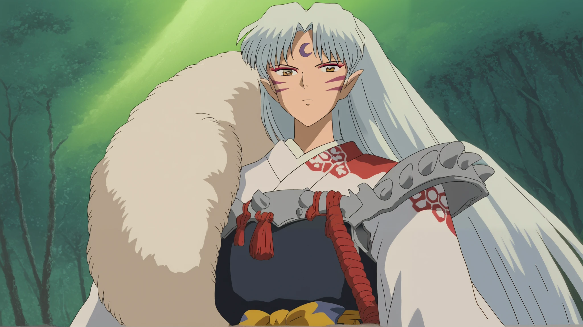 score_9, score_8_up, score_7_up, source_anime, sesshomaru, sesshomaru, long hair, yellow eyes, white hair, male focus pointy ears, facial mark, crescent, forehead mark, japanese clothes, armor, fur, outdoors, landscape, looking at viewer, dutch angle, cowboy shot,