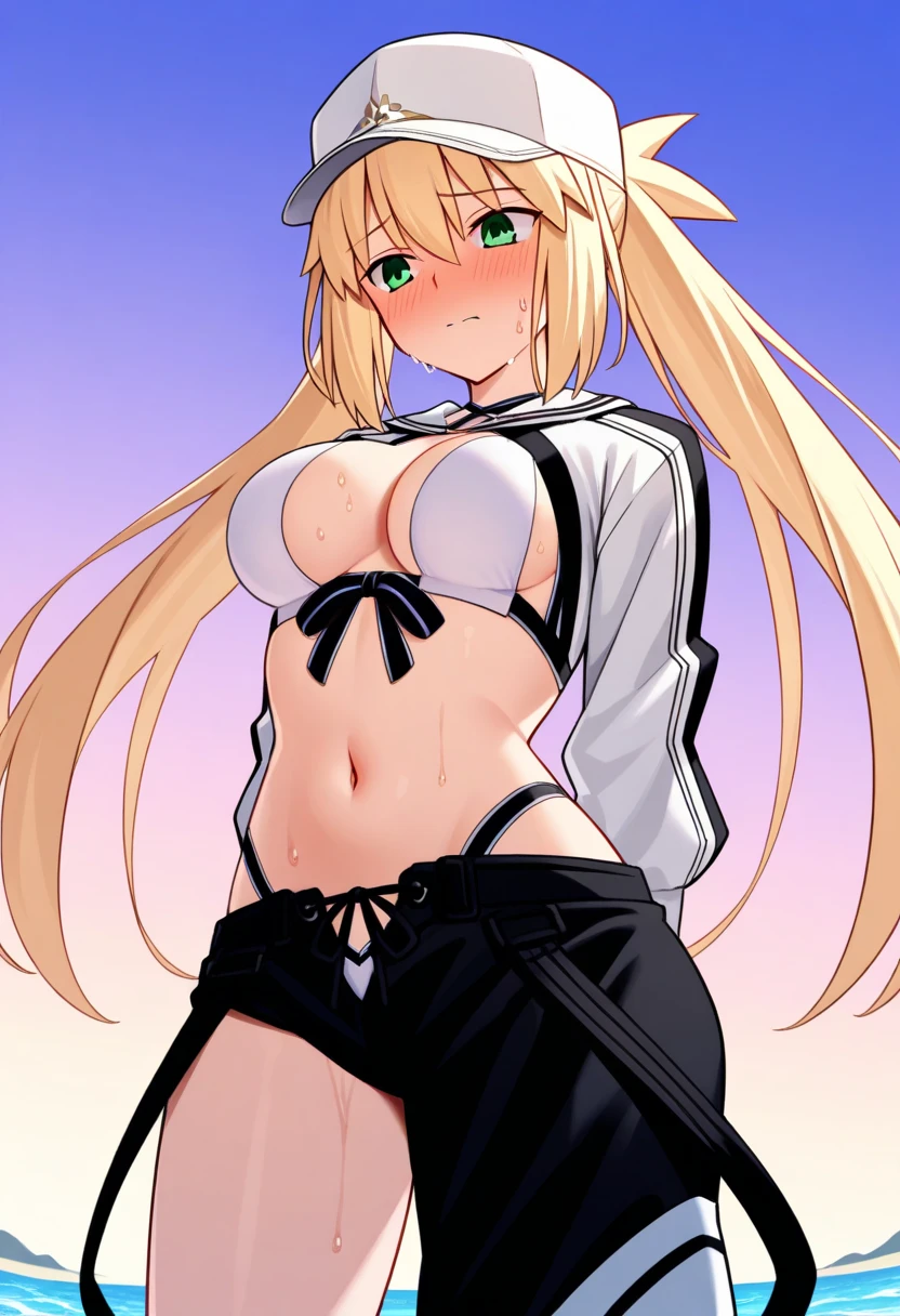 Realistic、masterpiece, 1house wife、blonde hair、twin tail, red eyes, (eye focus:1.3,face focus),(Gradient eyes:1.3),(sexy panties)、open mouth,(grin:1.3),forehead,cute face、((Thick thighs、Beautiful thighs)), A condescending gaze on the viewer,((Raise your arms, Expose your armpits)), Female ninja