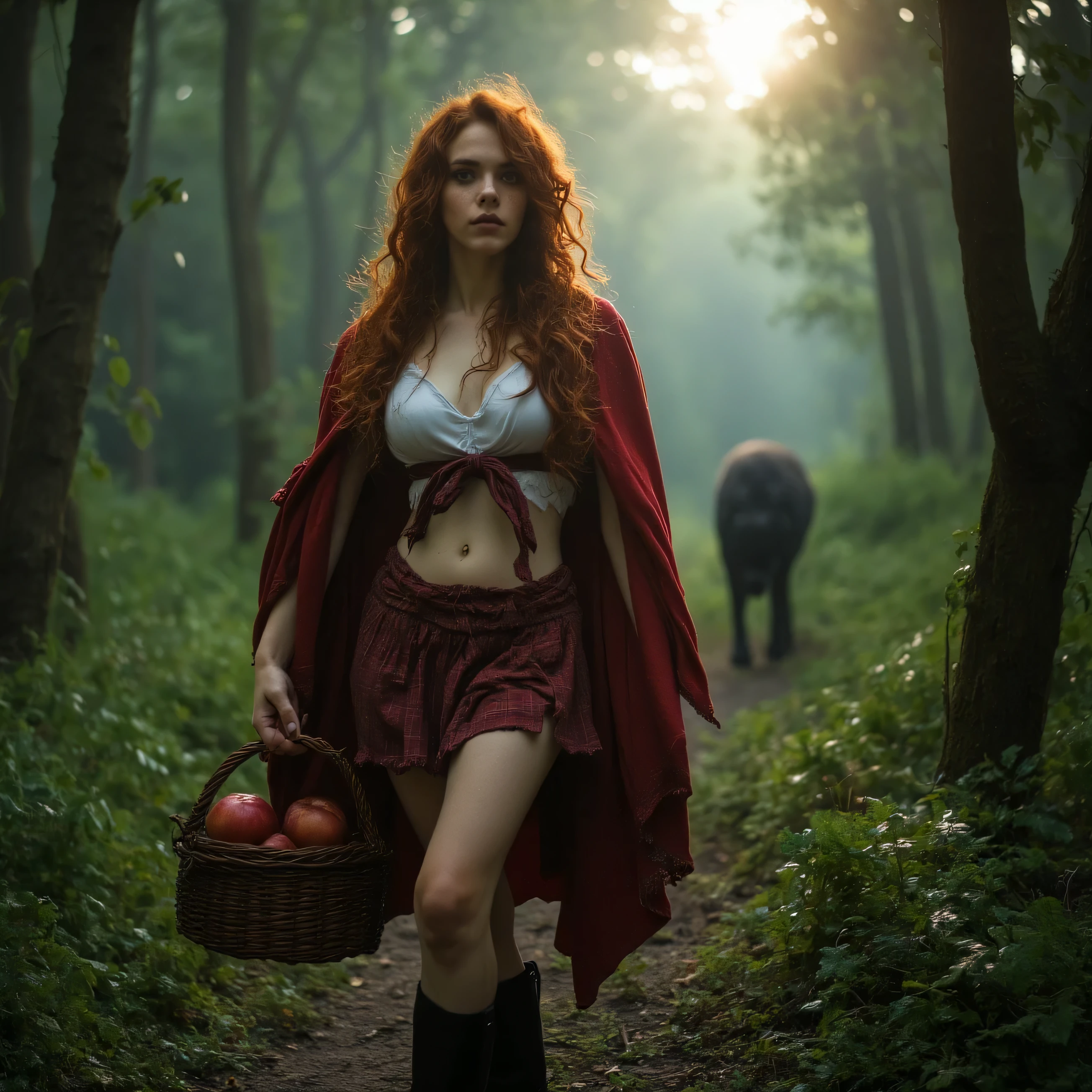 A lone 18 year old woman, full body image, she is very beautiful. Very pale skin. Long messy curly red hair tied back. perfect curvy body with nice breasts. Beautiful face with stunning very detailed green eyes. Highly detailed. Freckles. Soft lips. Seductive smile. Wearing a red hooded cloak, a white shirt with no sleeves, partly open exposing some of her chest, no bra and red plaid short skirt. Long sexy black boots. She is carrying a wicker basket with apples in it. She is in a beautiful forest, thick with trees and bracken. It looks like a movie. Very highly detailed. Sun streaming through the trees behind her. There is a large dark wolf following her in the distance. The forest has a light fog. With dramatic cinematic lighting. Like a fairy tale.