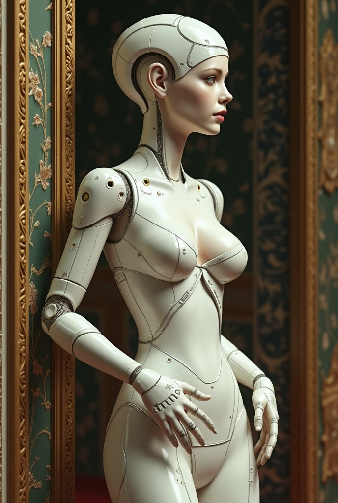 complex 3d render ultra detailed of a beautiful porcelain profile woman android face, cyborg, robotic parts, 150 mm, beautiful studio soft light, rim light, vibrant details, luxurious cyberpunk, lace, hyperrealistic, anatomical, facial muscles, cable electric wires, microchip, elegant, beautiful background, octane render, H. R. Giger style, 8k, best quality, masterpiece, illustration, an extremely delicate and beautiful, extremely detailed ,CG ,unity ,wallpaper, (realistic, photo-realistic:1.37),Amazing, finely detail, masterpiece,best quality,official art, extremely detailed CG unity 8k wallpaper, absurdres, incredibly absurdres, robot, silver halmet, full body, sitting, naked;