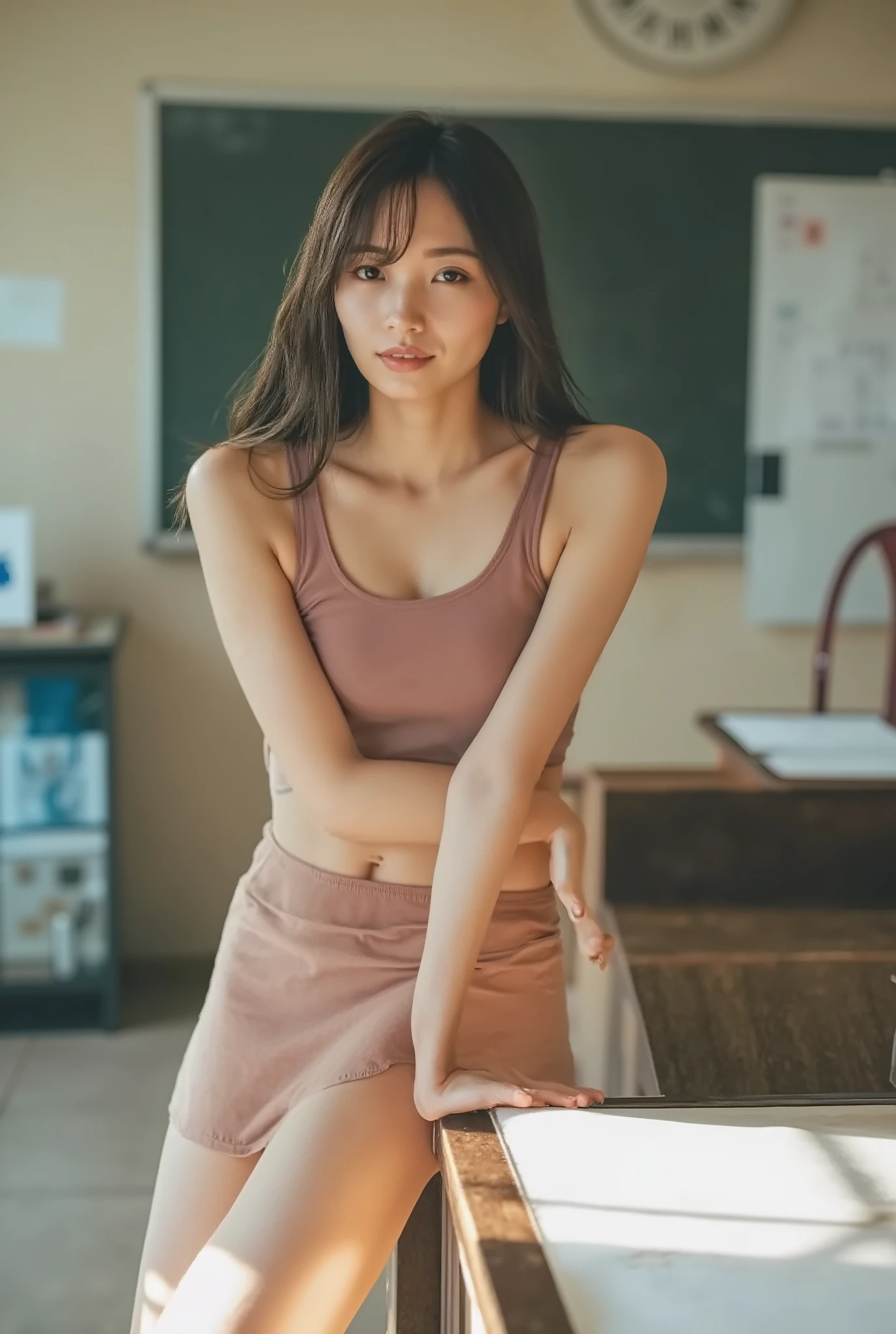 analog, Nikon Z85mm, award-winning glamour photograph, ((best quality)), ((masterpiece:1.5)), ((realistic)), glowing rays, high resolution, detailed facial features, highly detailed, clear focus, smooth, highly detailed view, highly detailed body, highly detailed skin, octane render, photo_\(ultra\), photo-realistic, post-processed, (max detail:1.8), realistic shadows, roughness, real life, ultra realisic, photo realism, a photo of a, 8K ultra HD, a photo of a, high resolution, detailed, sharp focus), aesthetic, highly detailed outfit, (anatomically accurate:1.4), (alone:1.5), (black eyes:1.5), (highly detailed eyes:1.5), (medium long hair), (hourglass body type:1.6), (perfect medium boobs:1.6), (beautiful detailed face:1.6), (defined cheekbones:1.5), looking at viewer, give a seductive look, captivating gaze, captivating smile, highly detailed eyes, (sexy smile:1.5), close-up portrait, leaning forward heavily, woman leaning over table, blackboard in background, in classroom, dark-haired woman, ((wearing tight sleeveless:1.6)), (((flared miniskirt))), beautiful female hands, detailed hands, (anatomically accurate hands and fingers:1.8), warm lighting, cozy atmosphere .