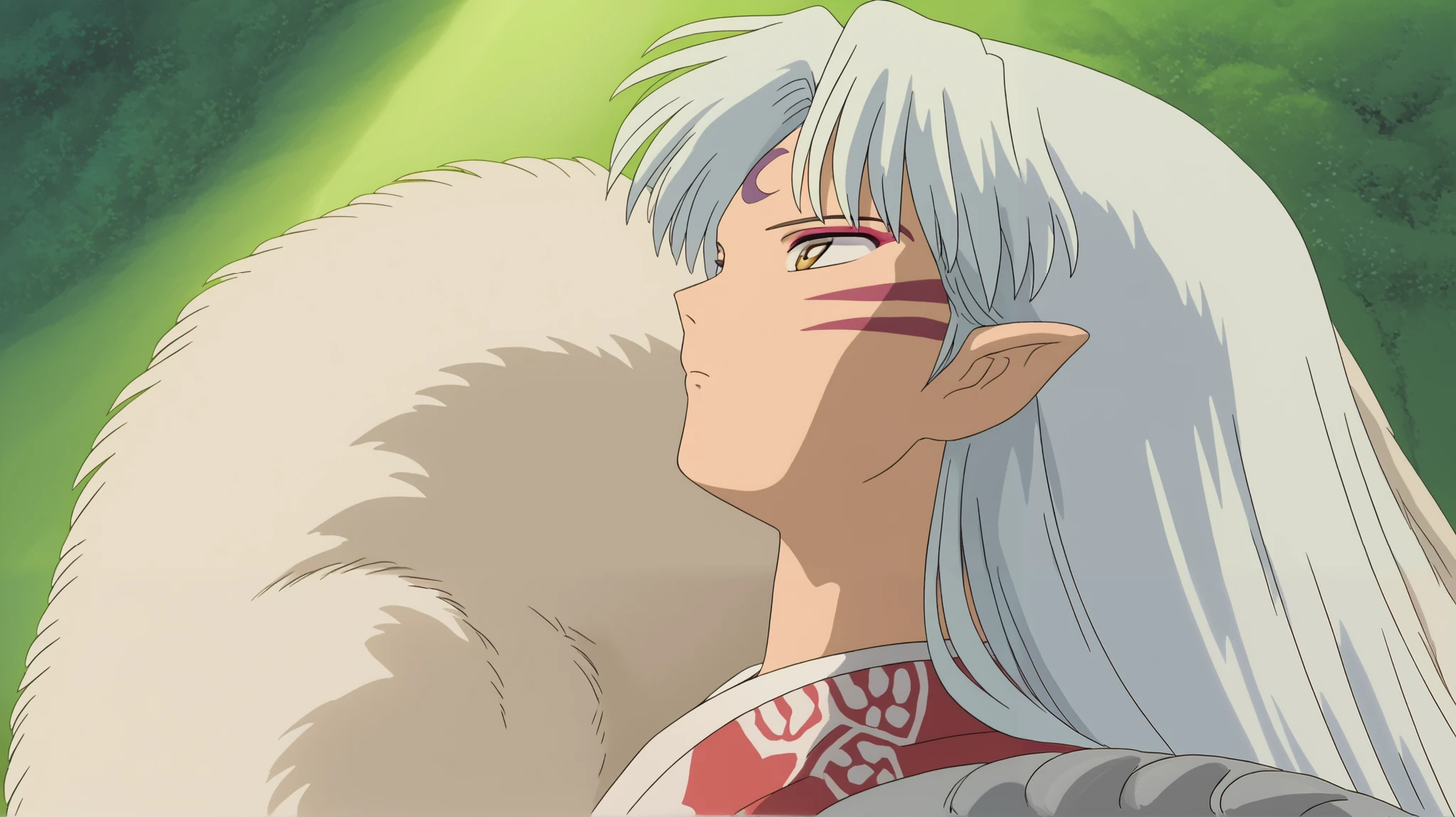 score_9, score_8_up, score_7_up, source_anime, sesshomaru, sesshomaru, long hair, yellow eyes, white hair, male focus pointy ears, facial mark, crescent, forehead mark, japanese clothes, armor, fur, outdoors, landscape, side shot,