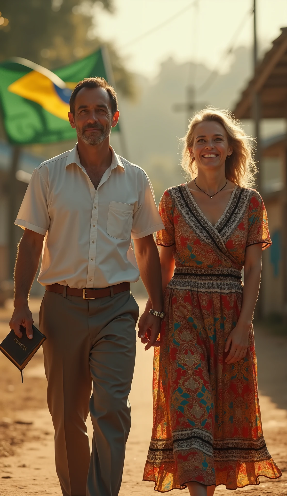 Highly detailed, ultra-realistic, 32k resolution, cinematic lighting, finely textured, intricate details, atmospheric depth, photo-realistic masterpiece, professional-grade composition.
A devoted couple of evangelizers walks side by side towards the camera, radiating warmth and faith. Their expressions are serene yet determined, their eyes filled with kindness. The man holds a small, well-worn Bible, while the woman walks beside him, her hands gently clasped in front of her. They wear modest yet dignified clothing that reflects their mission, with the man dressed in a simple shirt and trousers, and the woman wearing a modest dress in traditional Brazilian colors. The background is softly blurred, emphasizing their presence while subtly hinting at a symbolic spiritual journey. The flag of Brazil gently waves in the background, symbolizing their connection to the nation they serve. The scene is bathed in warm, natural lighting, enhancing the atmosphere of hope and devotion.