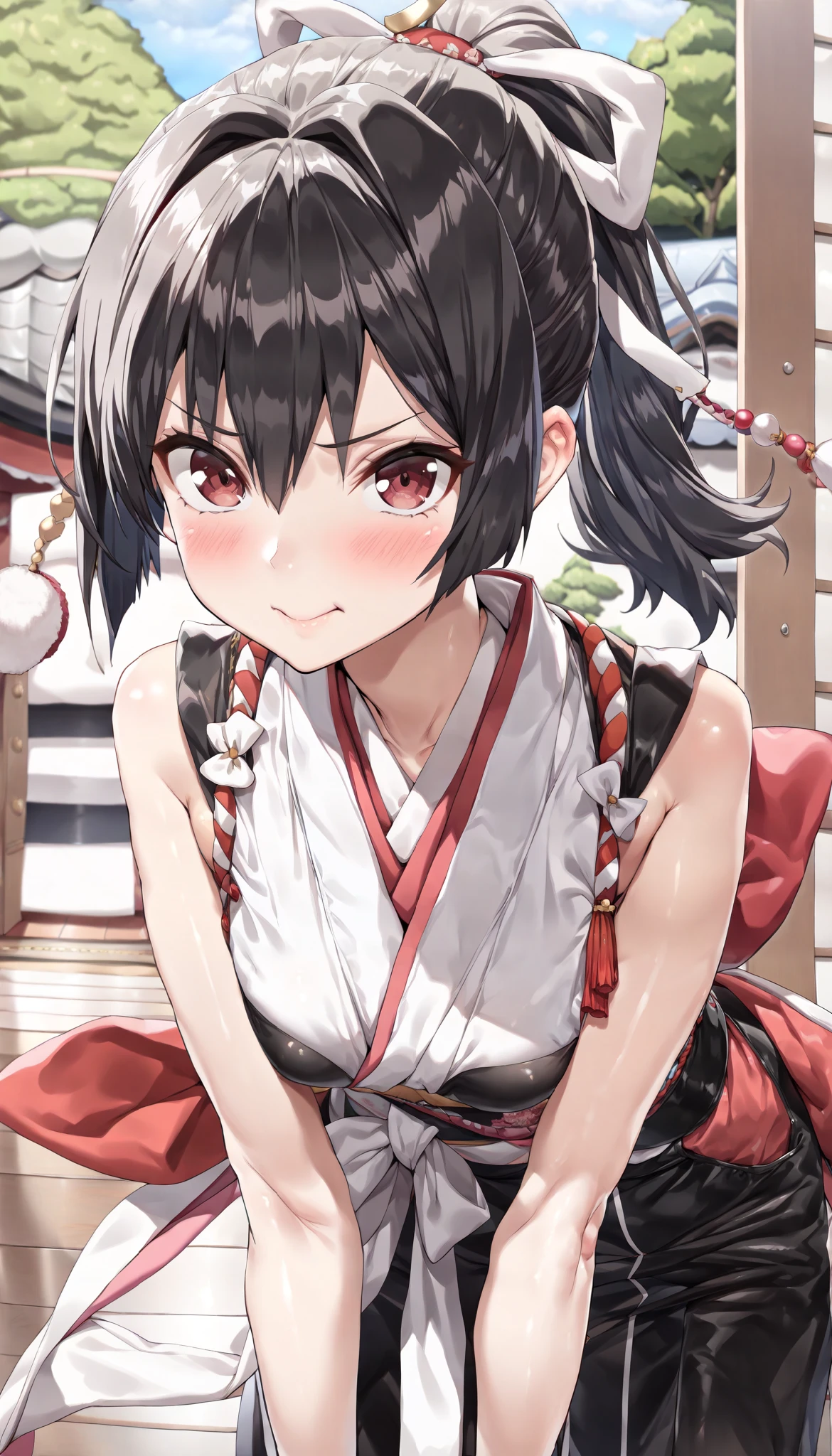 ((best quality)), ((masterpiece)), (detailed), perfect face, ((Best quality, 8k, Masterpiece: 1.3)), Shiny black hair, ponytail, leaning forward, Japanese-style outfit, kimono, sleeveless,