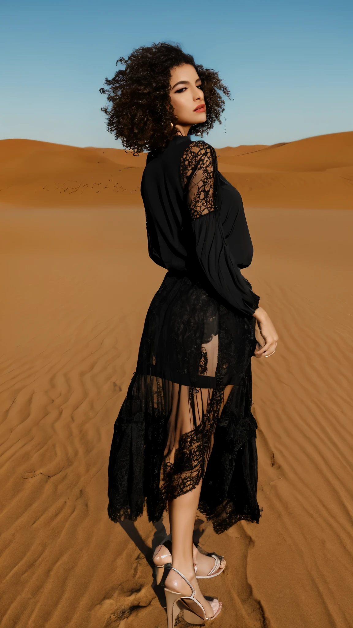 8K, RAW Photos, high quality, Realistic, Full body photo, bent at the waist, 1 Girl, Landscape, Highly detailed face, Black Veil, In the desert
