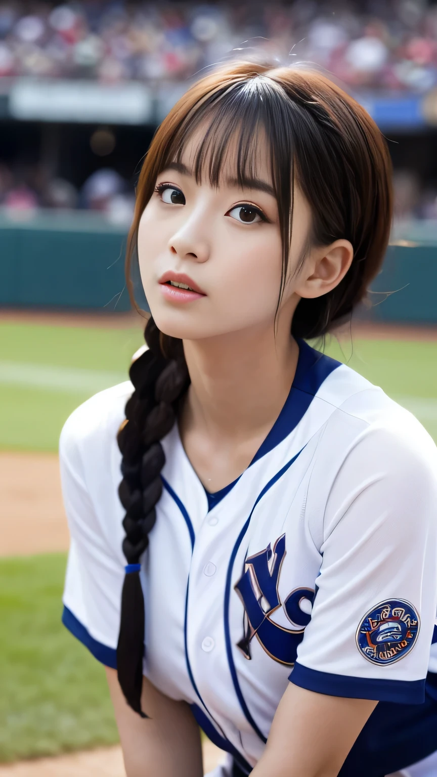 (8K, Raw-Photo, Top  Quality, ​masterpiece: 1.2), ​masterpiece, super detaill, 超High Resolution A, (realistic and realistic photo: 1.37), High Definition RAW Color Photography, very delicate and beautiful., ighly Details, 8K wallpaper, astonishing, The Details, very detail eyes, highlydetailed skin, extremely detailed fingers, extremely detailed nose, highly detail mouth, perfect anatomia,1girll, (Baseball Uniforms), hazy, blured background, blurred foreground, blush, Braid, pectorals, depth of fields, Eyebrows Visible Through Hair, Frild, Hair between eyes, baseball stadium, jewellery, looking up at viewer, Short hair, Sitting, 独奏, tits huge、Nogizaka Idol、Korean Idol、hposing Gravure Idol、pornstar、18 years-old、Tall、Korean Idol、Nogizaka Idol、pornstar、hposing Gravure Idol、((s whole body)), ((gravure pose))