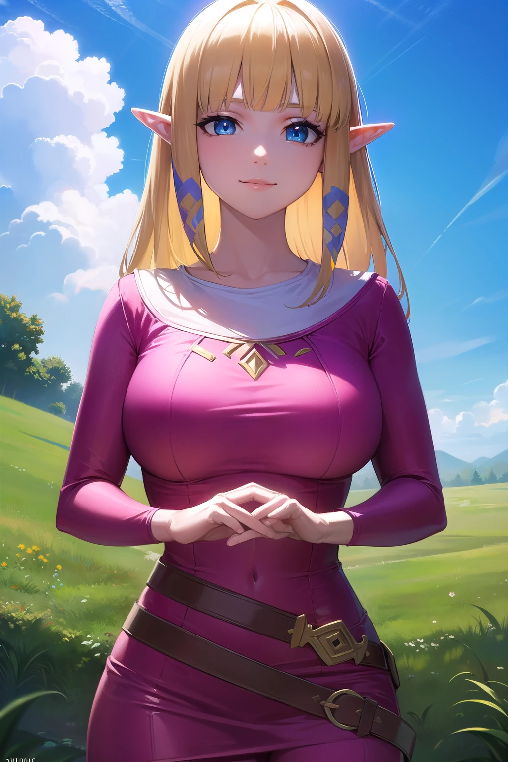 princess Zelda costume, zelda skyward sword, blond hair, Blue eyes, long hair, pointy eared, side locks , elf, blows, blunt blows, Tapes, hair Tapes, smile,
Break belt, layer, dress, long sleeves, (pink dress:1.2), (white layer:1.2),
Break outdoors, nature , forest, , grass, sun, sky, clouds,
Break looking at viewer,
Break ( masterpiece:1.2), better quality, high resunution, 8k unit wallpaper, ( illustration:0.8), ( beautiful detailed eyes :1.6), face modification, perfect lighting, CG, ( perfect hands, perfect anatomy), deep neckline, big breasts, NSFW, pink lingerie