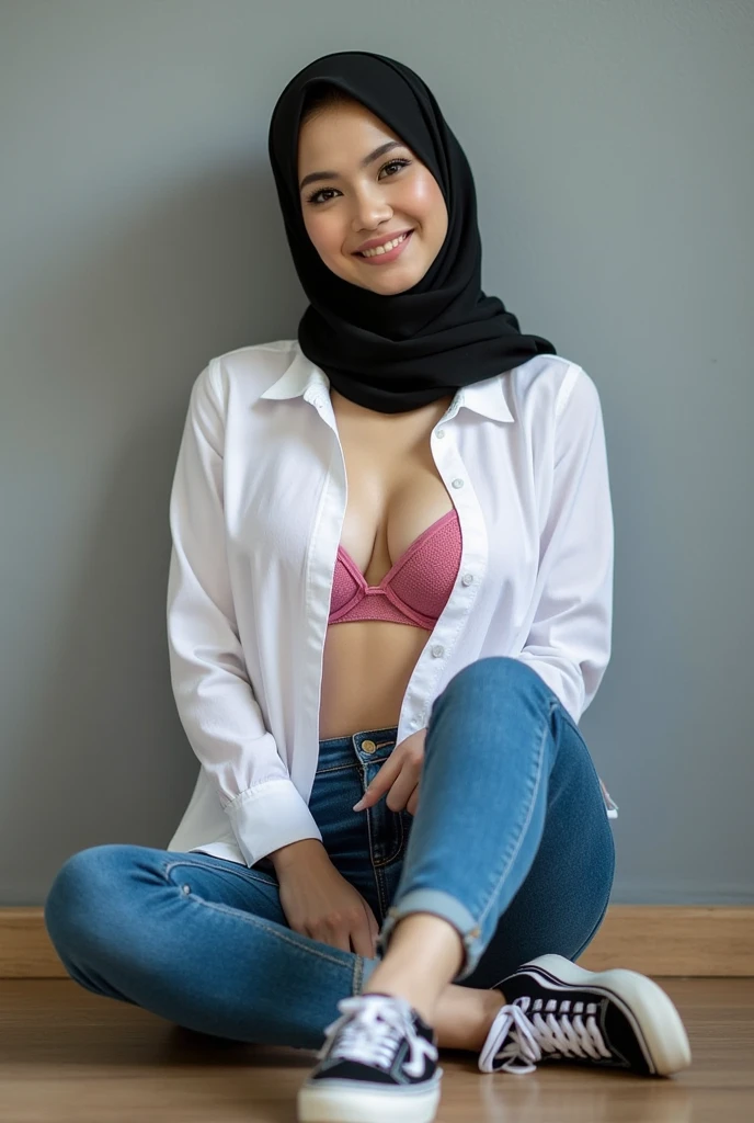 A milf wearing a hijab, Wearing a white t-shirt , in sofa, armpits 
