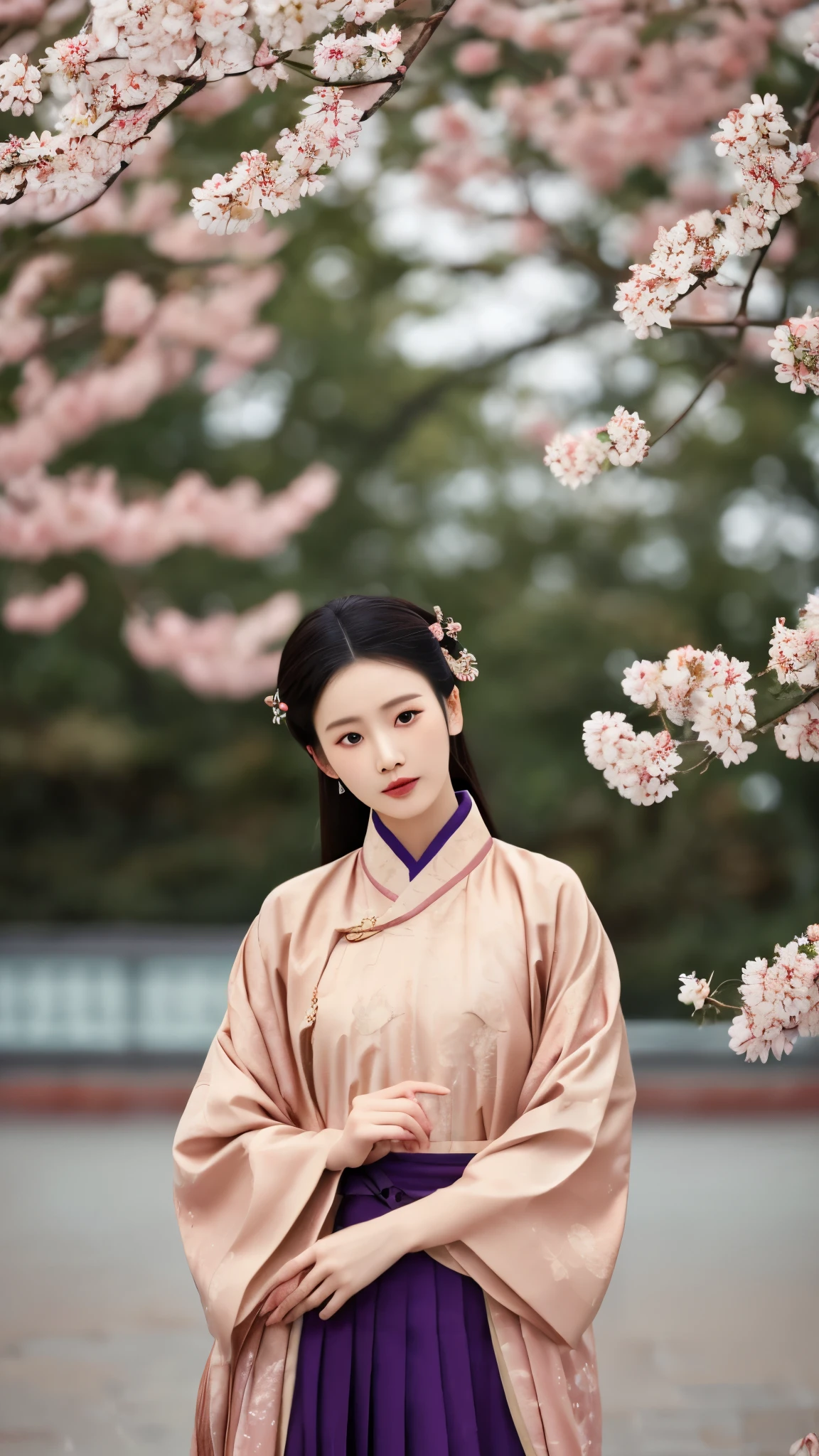 This is a highly detailed, high-quality digital illustration in a traditional East Asian style. The subject is a beautiful young Asian woman with fair skin and a slender physique. Her makeup is meticulously done with red lips and subtle eye shadow. She wears a ming style hanfu with purple long coat and green mamian skirt. She also wears a yunjian with standing collar. Set in a Chinese garden with pink plum blossoms blooming in the background. The background features a soft, textured blend of beige and light blue hues with Chinese calligraphy and red seals, adding a cultural touch. The lighting is soft and diffused, likely simulating natural light, enhancing the delicate textures and giving the image a warm, inviting feel. The composition follows the rule of thirds, with the woman's face positioned in the upper right third, drawing the viewer's eye directly to her serene expression. The depth of field is shallow, keeping the background slightly blurred to focus attention on the subject. The image exudes a very high aesthetic quality, with meticulous attention to detail and a harmonious color palette.