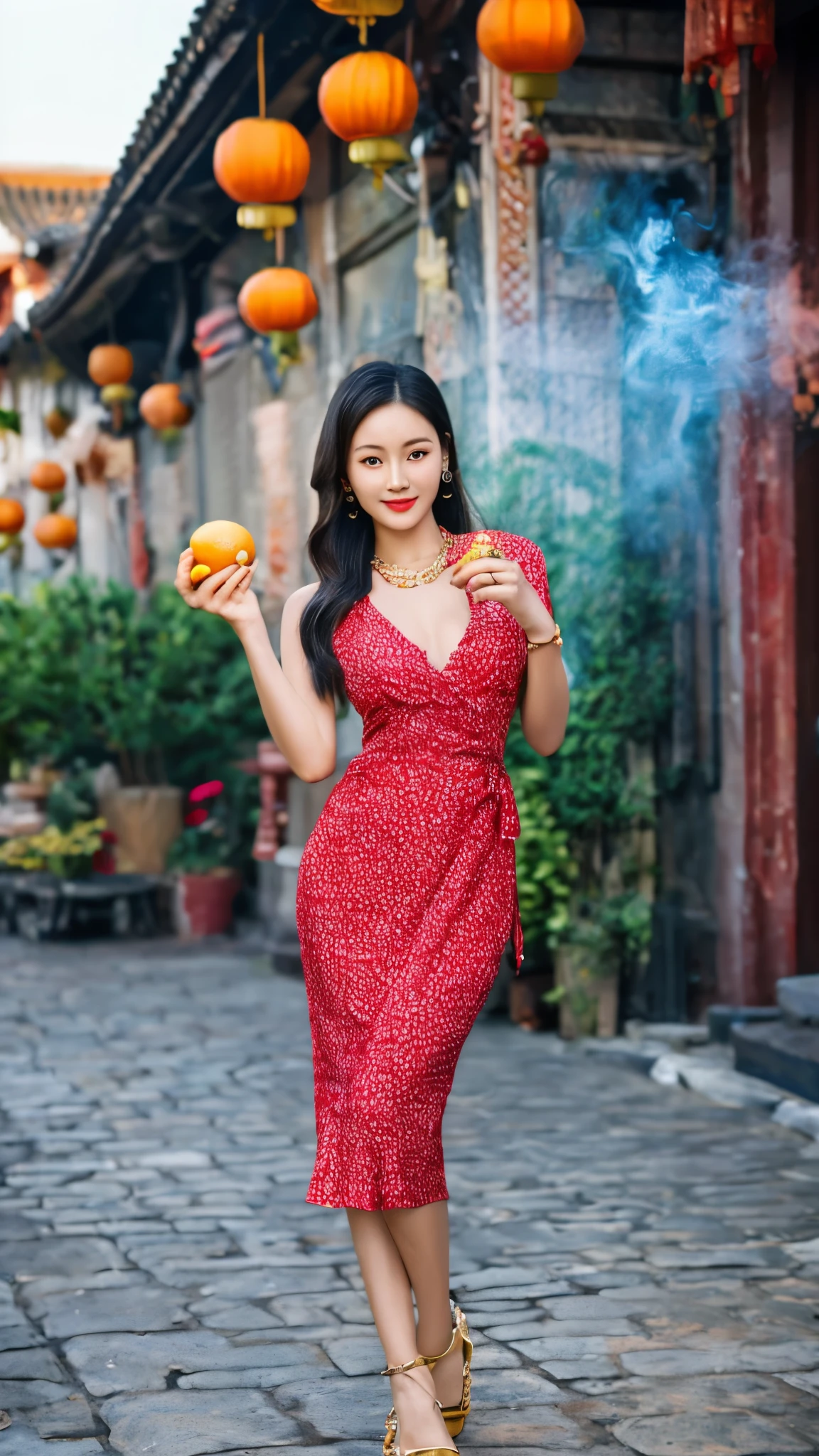 Front view of Asian woman with a golden snake on her shoulder, smoke, (holding two oranges in her hands: 1.3), looking at the camera. She has long hair and deep cleavage. She wore a low-cut red polka dot dress, gold earrings, gold bracelets, gold rings, a thick gold chain necklace, gold glitter sunglasses, and red painted nails. Vintage Chinese street, 1940s, daytime, red lanterns, temples, incense, high detail, model photography.