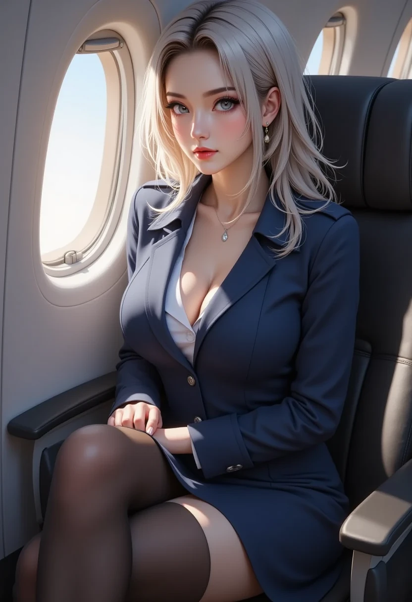 (masterpiece), Highest quality, Highest quality,  Detailed and complex, original, whole body, High resolution,
(16 years old),Very detailed_eye, Sexy Breasts,
(eyeliner:0.5),(blush:0.5),Blonde,Simple diamond earrings, Detailed skin,  ponytail, 
Displaying the viewer, A light smile, Fingernails, Beautiful fingers, 
((Flight attendant uniform)), (Black Pantyhose:1.1), Black high heels, Black short skirt uniform, On the plane（(Inside the plane：1.2, Motion Capture)), Back view, Perfect Anatomy,
(Depth of written boundary:1.1),change:0.1,Realistic:1.3,
(Zhou Haoguang:1),(Structure of the film:1.3), (Highest quality, High resolution, Realistic, original, 8K,masterpiece, ),Highest quality, Masterpiec8K.High resolution. High Rib:1.2, Film Grain, Blurred Bokeh:1.2, Lens flare, (Bright colors:1.2), (delicate),