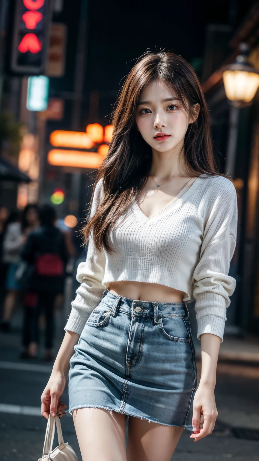 (( best quality , 【8k, Masterpiece: 1.3)), focus: 1.2, Green Red Flag Robe ,8K ultra-high definition,Masterpiece, RAW format photo , Best Picture Quality ,extreme details(1.2): Realistic Reproduction ,Extremely detailed CG unified in 【8k resolution,【8k diamond-level delicacy and wallpaper-like visual impact, with depth of field 、 Layered Light Shadow Effect 、 Lens flash 、 Light tracking technology (Stunningly beautiful face 、 Beautiful Lips、 Beautiful Eyes ), Extremely exquisite facial detail ( Extremely Delicate Skin ) — depicting a Korean female model , Exquisite delicate eyes in the dark night , In a deep shadow , Charming Korean girl , as a Korean pop idol ( Extremely slim and tight :1.3), Shows from the viewer's point of view , Purple Vest 1 .5, Short Denim Jacket 1 .5, Low Waist Denim Mini Skirt :1.5, The cut of the short clothing , night view of the city,neon lights, a beautiful Korean girl in a dark night atmosphere, Pearl Stud Earrings 、lace stockings,Clear and bright eyes, walking posture , Skin Whiteness, Direct vision camera front , Big Eyes Charming (上半身close up),close up, The overall image is extremely thin 、Slim Elegant , black mini pleated skirt , She looks like actress Kim Hyun