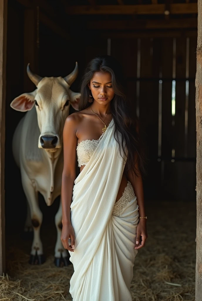 The cow and its calf, adorned with jewelry, appear very realistic.