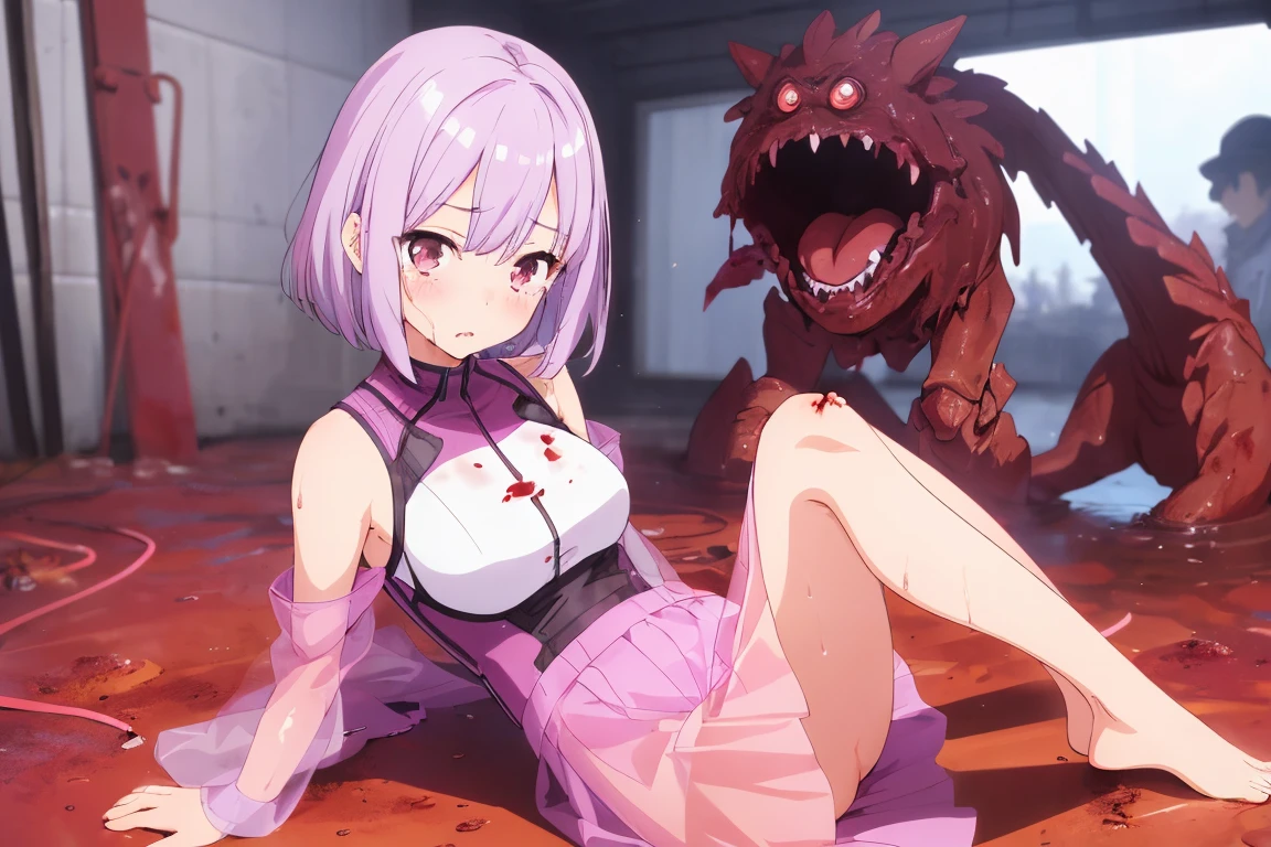 1girl, bare shoulders, clothing cutout, sleeveless, iron virgin armor, iron armor, red neon, black hair, turquoise bangs, very short hair, hair over eyes, pale skin, medium breasts, yellow eyes, glowing eyes, church, eating meat, bloody meat, blood mouth, horror scene, (masterpiece), best quality, anime style, full body