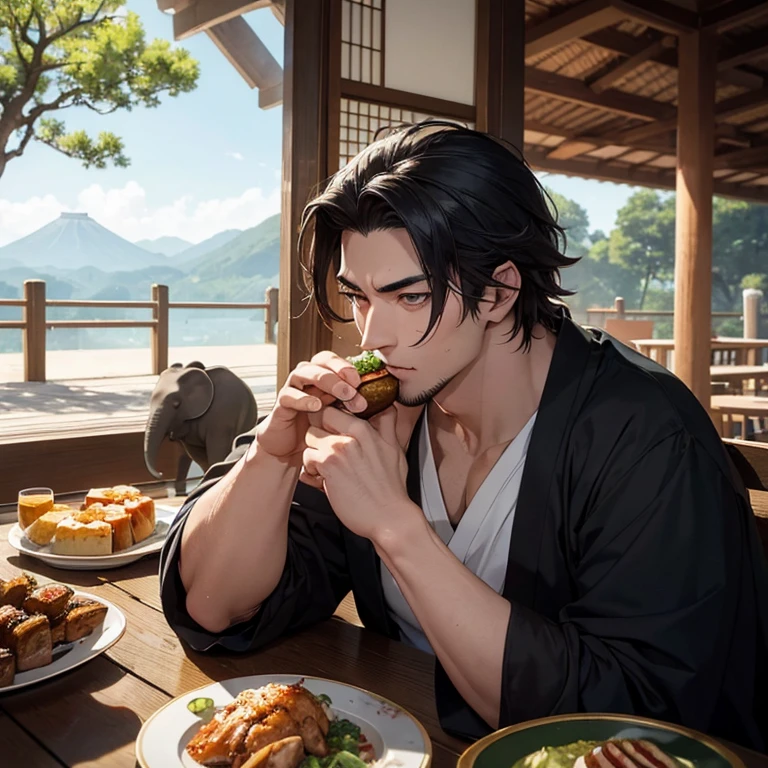 boy eating in japanese restaurant