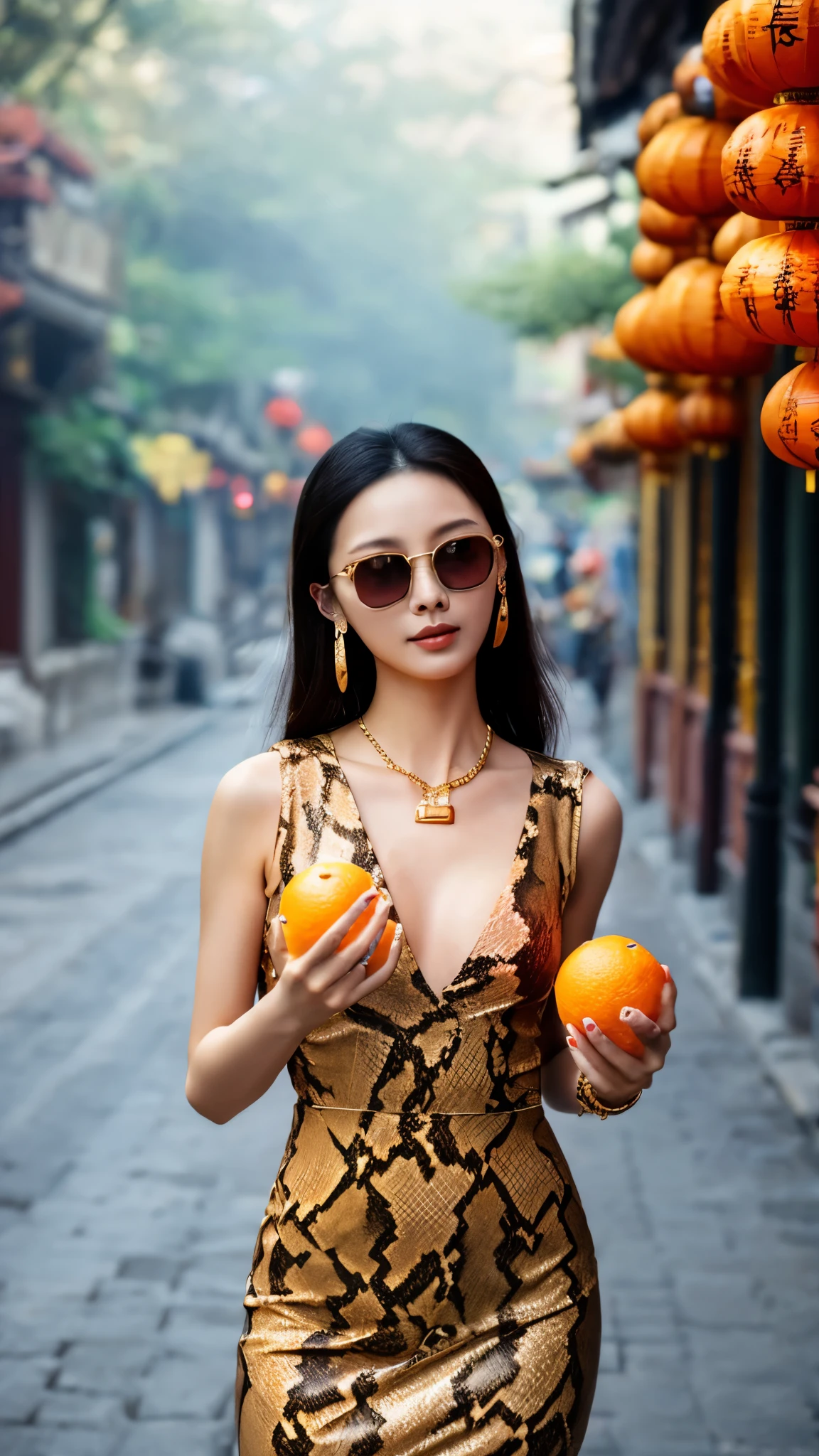 Front view of Asian woman with a golden snake on her shoulder, smoke, (holding two oranges in her hands: 1.3), looking at the camera. She has long hair and deep cleavage. She wore a low-cut red polka dot dress, gold earrings, gold bracelets, gold rings, a thick gold chain necklace, gold glitter sunglasses, and red painted nails. Vintage Chinese street, 1940s, daytime, red lanterns, temples, incense, high detail, model photography.