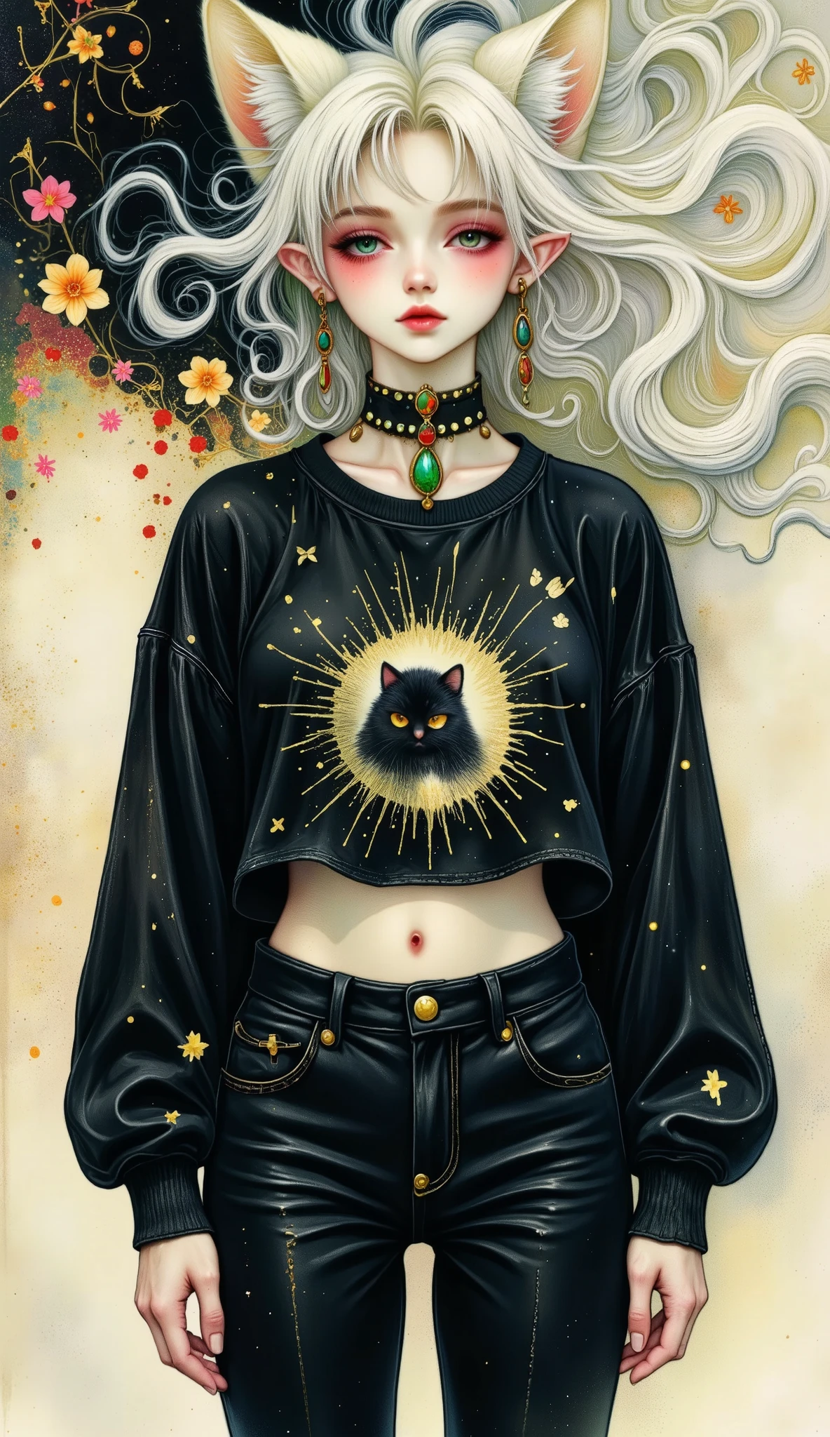  woman entangled in a loose-fitting black sweatshirt with long sleeves with a drawing of a cat you can see her abdomen and a dog collar with spikes and a cross,  beautiful anime blonde girl wet and messy hair ,  half-open mouth false eyelashes blushed cheeks , wide black leather jeans and belt , attractive cat girl , anime girl ready, cute anime girl ready, girl ready, beautiful young girl ready, cat girl , very beautiful cute girl ready, animated cat,  anime girl with cat ears , very beautiful anime cat girl , anime vibes,   goth anime girl 