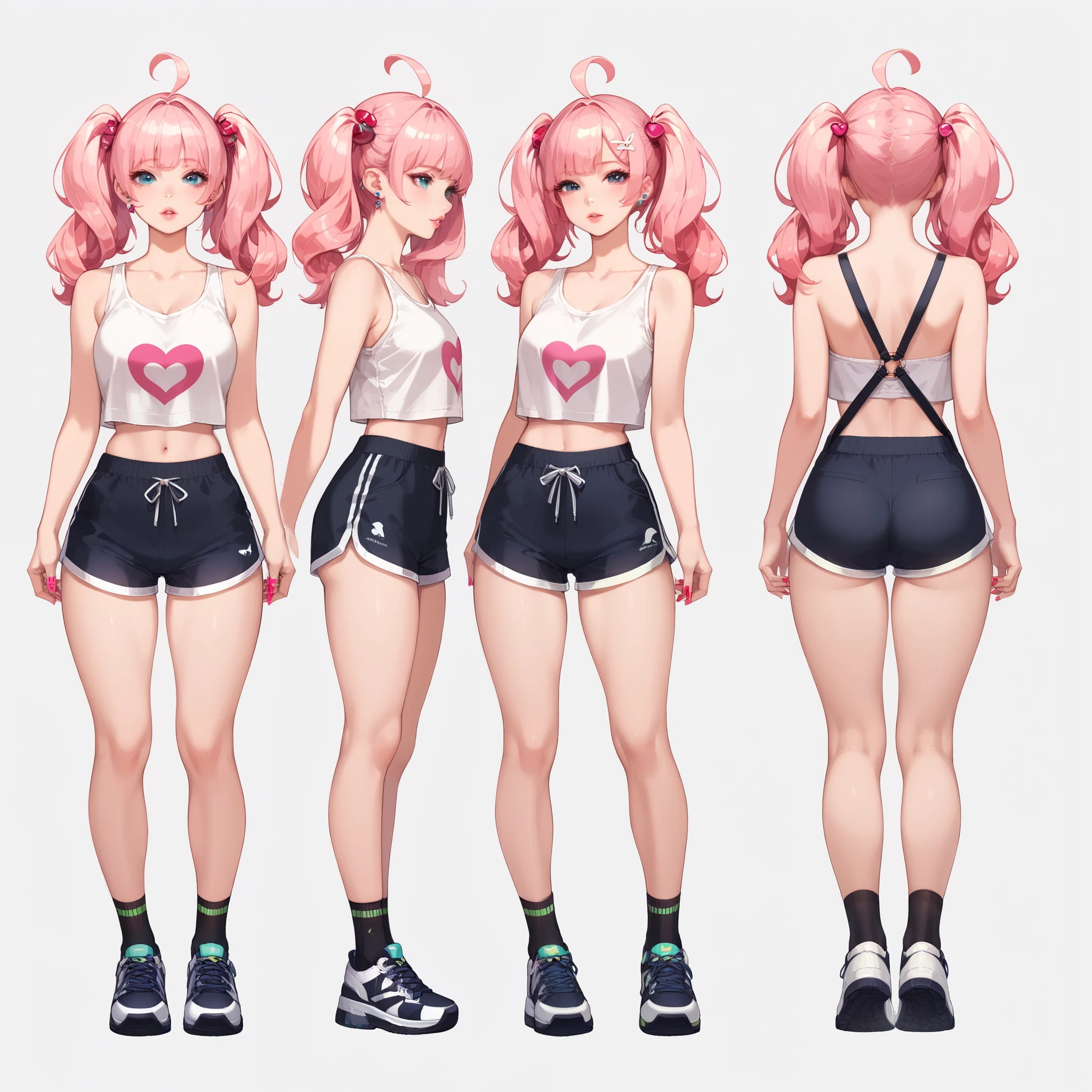 score_9, score_8_up, score_7_up, score_6_up, Character Design Page , Alone, 1girl, ( light red hair, woven :1.3), perfect lips, penetrates , (cute gym girl), white dolphin shorts, cropped white tank , black tights 、 sneakers, frontal body view, back view, Depth, Many parts, multiple poses and expressions, highly detailed, (ultra-detailed), ( best illustration), ( Best Shadow), ( absurd), ( very polished ), (4K, complicated), ( detailed face :1.2).