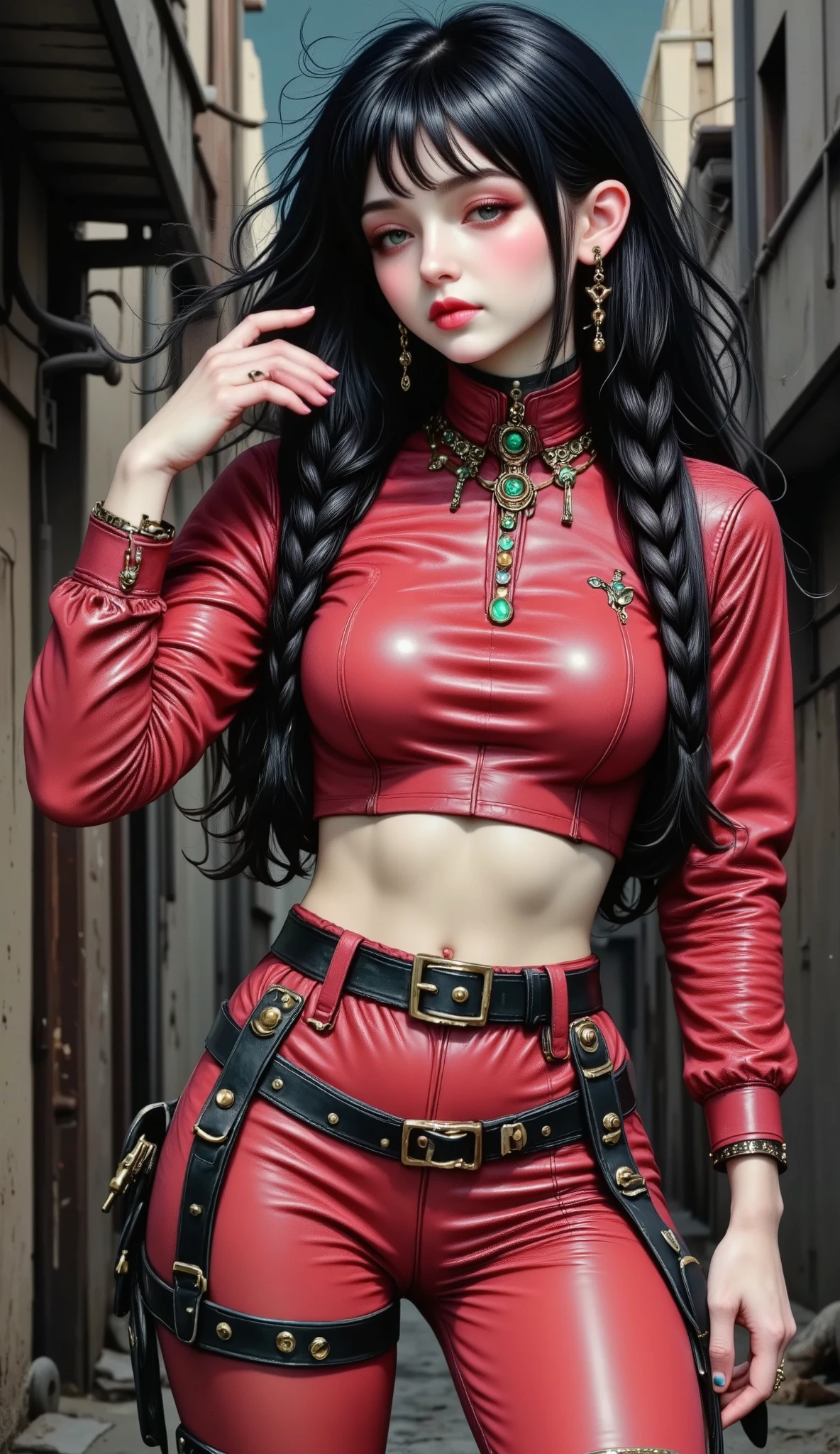  a woman dressed in a bright red leather suit  ,  wide pants with long black belts  ,  wears a hand to her head  ,  as if accommodating her hair  ,  She has a very long braid  ,  poses of dynamic and sensual action posing for a photo,  photograph of a woman wearing technological clothing  ,  cargo pants. CYBERPUNK CITY, Yellow spacesuit, yellow mono, Female main character, Cyberpunk 20 years.  or girl model  , Renderizado 3D,  character art , 8K, Loba Andrade from Apex Legends, cyberpunk suit,  cyberpunk fashion illustration  , official  character art  , Dark alley background  , comic art style , lois van rossdraws,  Charlie Bowater and Artgerm  ,  graphic novel art  , In the style of Charlie Bowater ,  beautiful artwork  ,  Charlie Bowater art style  , (  better quality,4k,8K,  high resolution sweatshirt ,  masterpiece:1.2),  ultra detailed,  sharp focus,(realistic,photorealistic,photo-realistic:1.37),  very detailed face ,  Extremely detailed facial features ,hyper realistic skin texture,  extremely fine details  ,  intricate details,  detailed eyes, Detailed nose ,  detailed lips,  detailed facial expressions  ,Intricate facial anatomy,  intense lighting,  dramatic lighting  , changing lighting ,  cinematic lighting, chiaroscuro lighting ,  dramatic shadows  ,dramatic moments,  bright colors  ,intense colors,Deep contrast,  cinematic depth of field  ,  film composition  , movie camera angle 