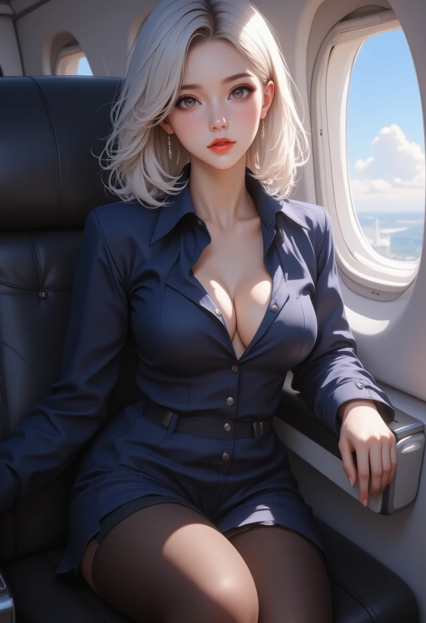 Una chica seductora en la esvuela sobre un escritorio mirando hacia al frente, una chica seductora con lentes sobre los labios, una chica con cabello corto