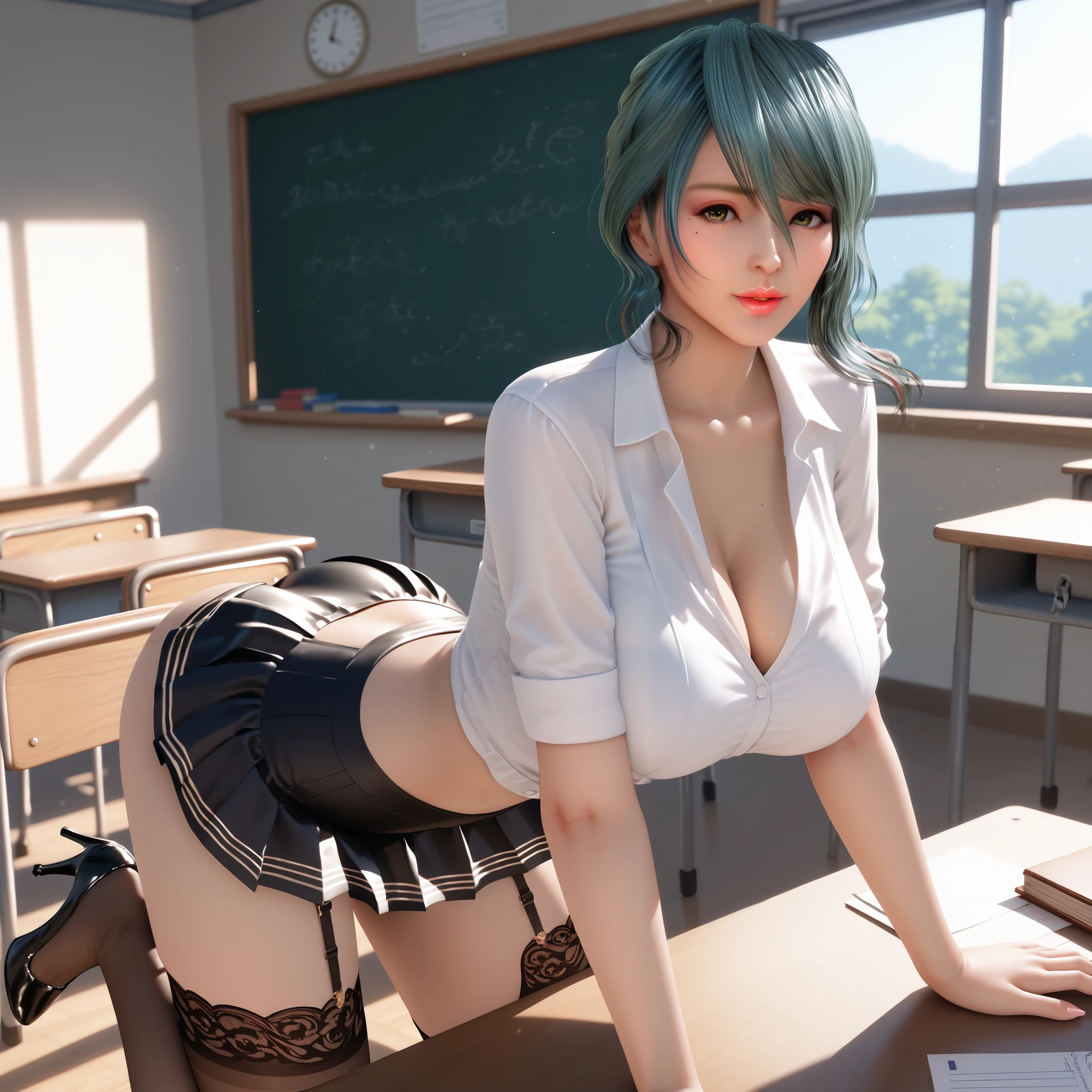 tamaki, blouse, tight skirt, thigh-high socks, high heels, classroom, sexy, teacher, score_9, score_8_up, score_7_up, zPDXL3, best quality, high quality, detailed, high resolution, 8k, ultra high resolution, soft saturation, professional quality, perfect contrast, perfect lighting, anatomically correct, big breasts, hips, nice ass, mature sex appeal, sensual woman, motherhood