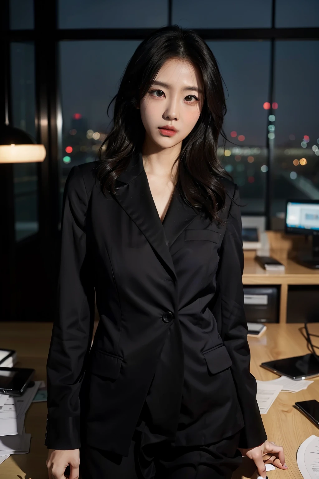 (Best-quality, Masterpiece, Ultra-High-Resolution, (Photorealistic:1.4), Raw Photo, depth of field, professional lighting, perfect anatomy, extremely details), 1girl, 15-years-old, the most famous Japanese idol, ((extremely cute face like the most popular Japanese idol, ((extremely cute and extremely big eyes)), extremely beautiful hair, extremely beautiful skins), extremely cute long-eyelashes, extremely cute lips), (((completely drunk))),
(standing in front of boyfriend's front door in Stormy-Wind and Heavy-Rain),
((wearing black-formal-business-suit))