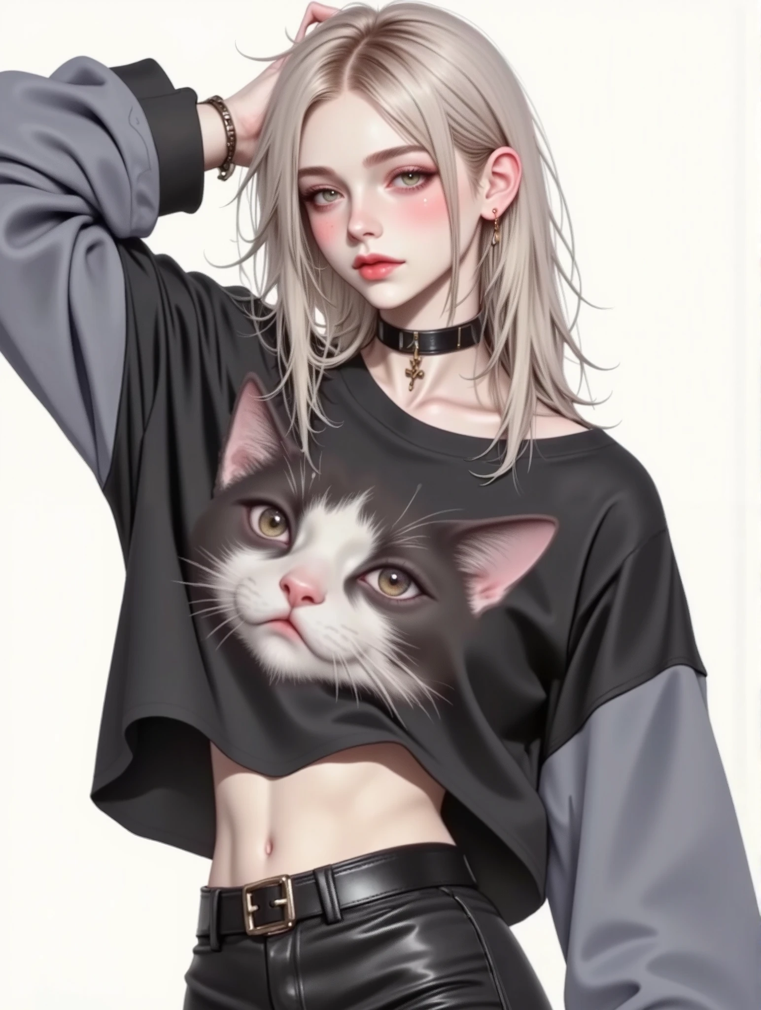 fun dynamic action pose :1.4, woman entangled in a loose black sweatshirt with long sleeves with a drawing of a cat showing her abdomen and a dog collar with spikes and a cross, beautiful anime blonde girl wet and messy hair , half-open mouth false eyelashes blushed cheeks , wide black leather jeans and belt , attractive cat girl , anime girl ready, cute anime girl ready, girl ready, beautiful young girl ready, cat girl , very beautiful cute girl ready, animated cat, anime girl with cat ears , very beautiful anime cat girl , anime vibes, goth anime girl