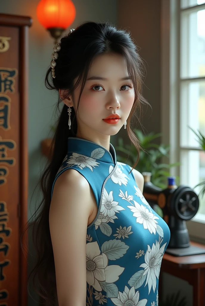 ((Best Quality, 8K, Masterpiece: 1.3)), Focus: 1.2, Wearing Traditional Chinese Costume, Cheongsam, Sleeveless, Split End, Full Body Photo, Standing Pose, Cafe Wall, Highly Detailed Facial and Skin Texture, Detailed Eyes, Double Eyelids, Whitened Skin, Long Ponytail
