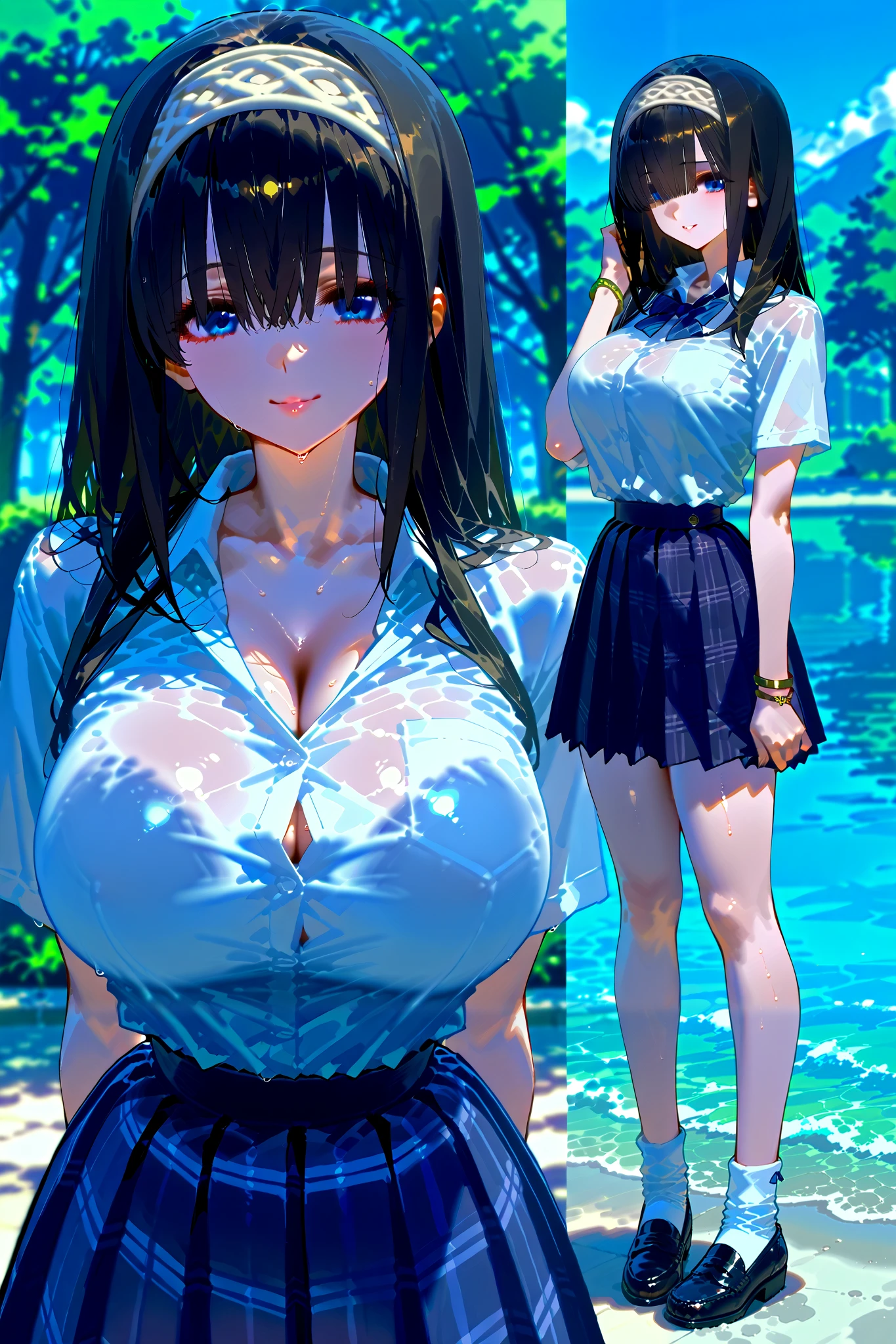 fumica sagisawa, blue eyes, black hair, hairband , long hair, hair over eyes, petite woman、nsfw, 8K raw photo, Best quality, masterpiece, ultra high res, film grain, filmg, 1girl, looking at viewer, natural skin texture, realistic eye and face details, full lips, lipstick, (makeup), red eyeshadow, smile, close mouth, beautiful legs, tall female, skinny, slim_legs, solo, enormous breast, cleavage, Pose with buttocks facing you, ultra short skirt, ass, shirt, beautiful location, , (detailed background), plaid skirt, white shirt, enormous breast, cleavage, Show a little cleavage through the shirt, loafers, blurry background, blurry, holding, plaid, short sleeves, jk ribbon on the neck, jk ribbon, brown hair, bracelet, water, bangs, school uniform, jewelry, parted lips, lips, from side, pleated skirt, depth of field