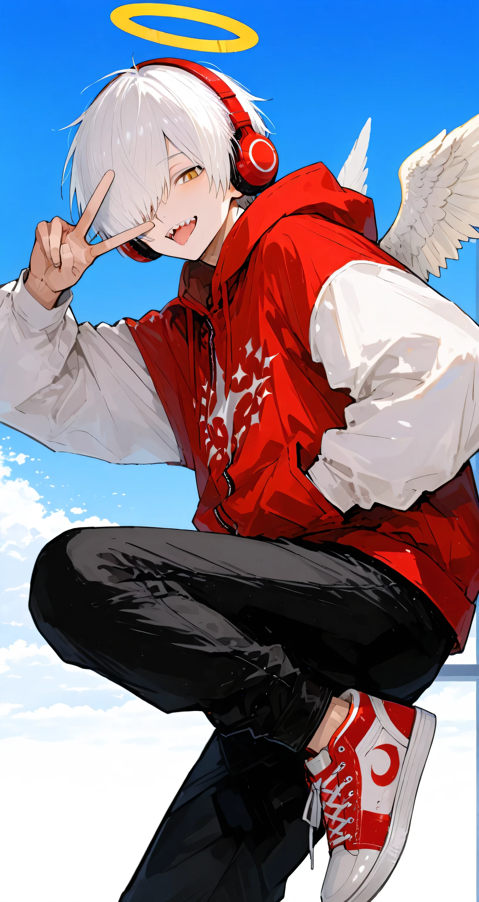 1boy, red hooded jacket, white sleeves, black pants, red shoes, white shoelaces, white shoe sole, white hair, hair over one eye, Jagged halo, yellow eye, hand in pocket, v over eye, tongue, sharp teeth, smile, open mouth, black and red headphones, little angel wings, solo, floatin, sky background, bend one leg,748cmstyle, leaning forward, from side, looking at viewer