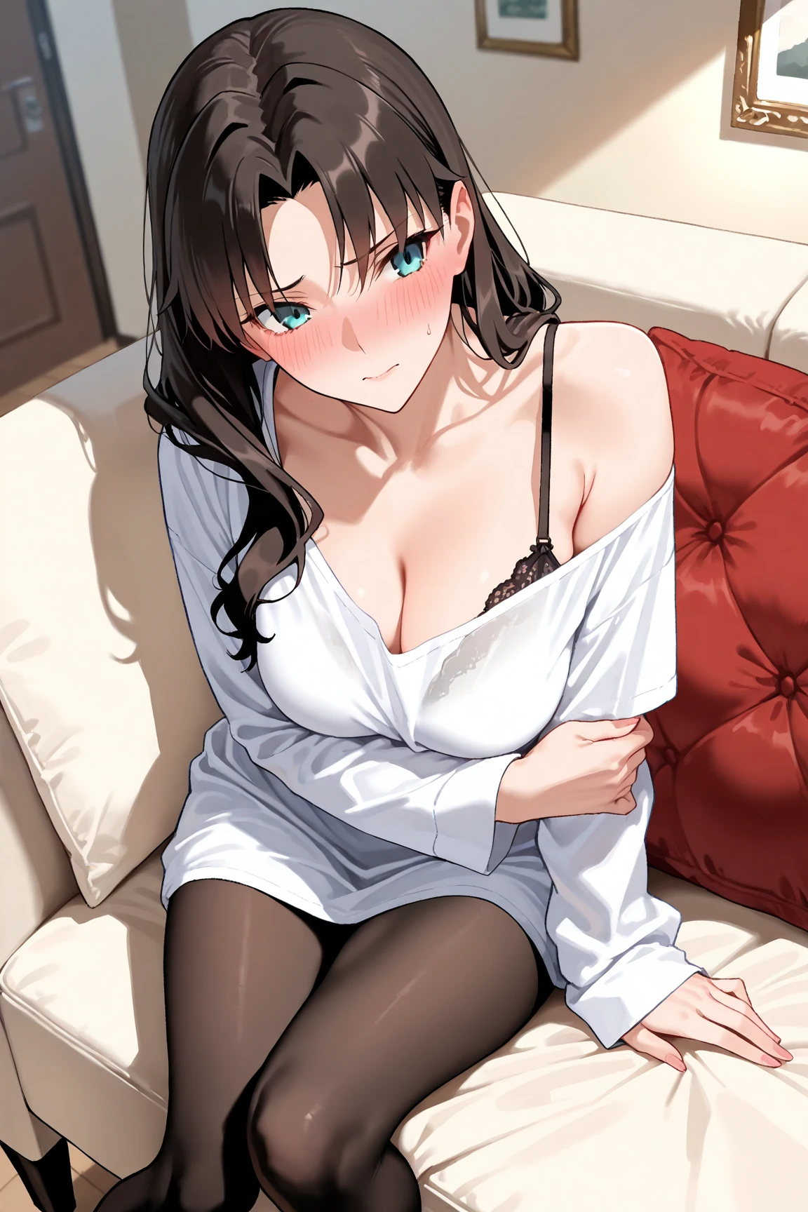 One Woman,Ada wong, Red collared shirt,Cleavage,Black pants,Provocative smile,popped collar, High collar, sexly,upturned collar, blush,Covered in sweat,Hands tied behind head,Spread your legs,Lying down,