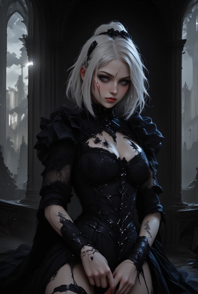 masterpiece, perfect lighting, bloom, cinematic lighting, perfect skin, tween girl, looking at viewer, medium shot, ((gothic)), toned body, mesmerizing, dramatic smokey makeup, velvet cloak, silver ornaments, mysterious world atmosphere