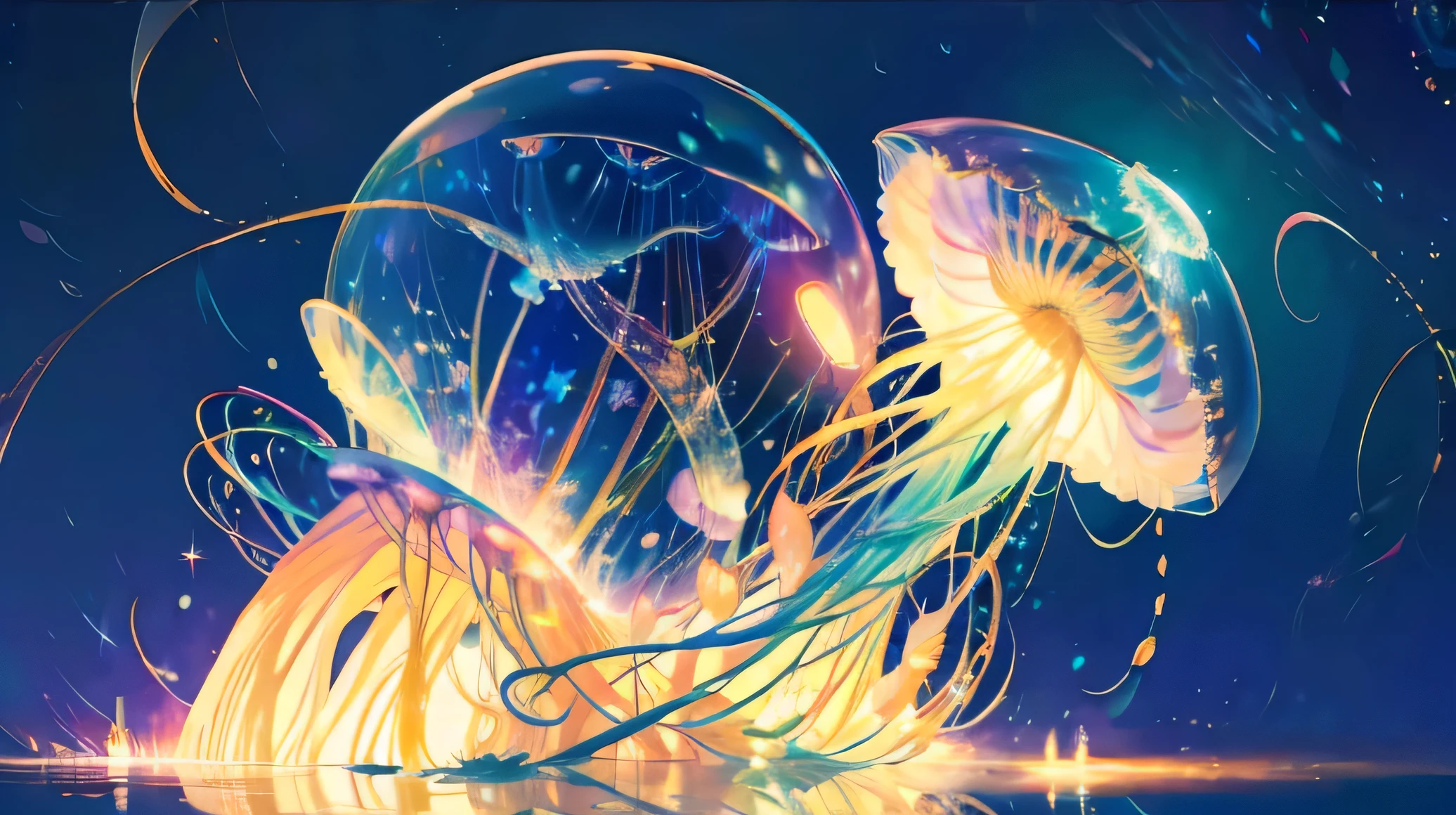 anime style, A giant jellyfish with colorful lights, The background is the night sky , Magical and mysterious