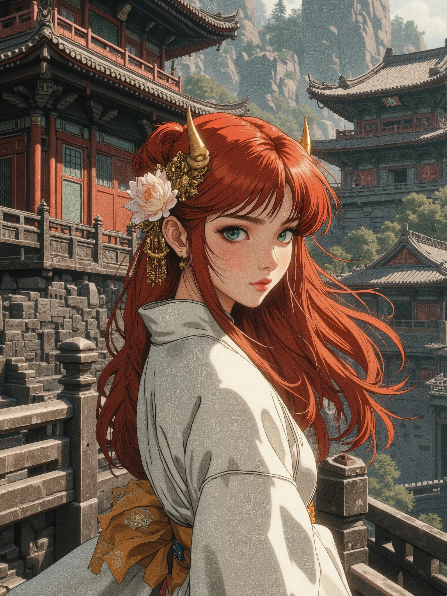 A girl , Human, with long red hair and turquoise eyes with small horns on the head, and a minimalist hairpin in the shape of a golden lotus flower in your hair, in a delicate white kimono in modern Chinese style stands near a Chinese temple, dark grey tones