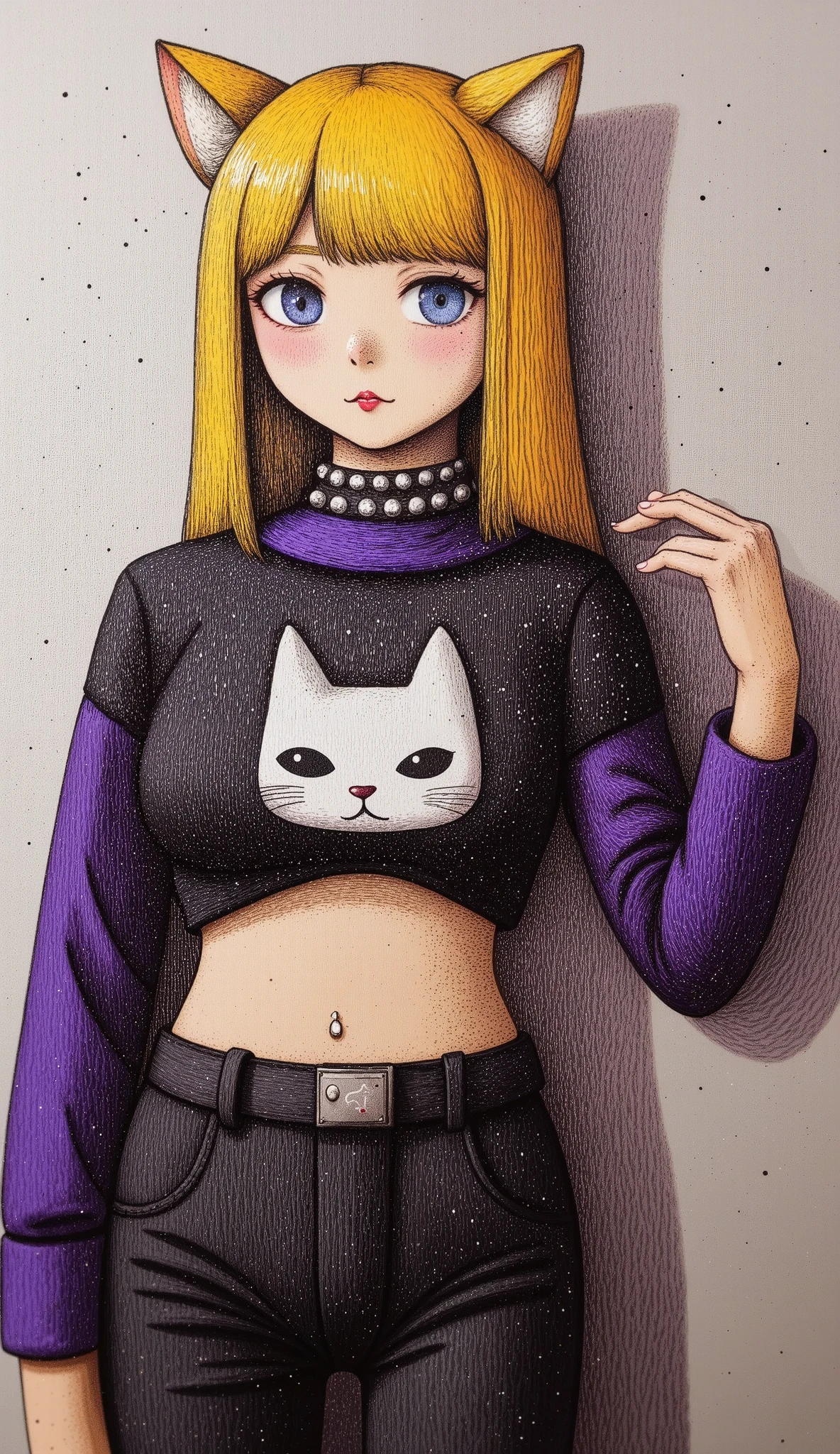 fun dynamic action pose :1.4,  woman entangled in a loose black sweatshirt with long sleeves with a drawing of a cat showing her abdomen and a dog collar with spikes and a cross,  beautiful anime blonde girl wet and messy hair ,  half-open mouth false eyelashes blushed cheeks , wide black leather jeans and belt , attractive cat girl , anime girl ready, cute anime girl ready, girl ready, beautiful young girl ready, cat girl , very beautiful cute girl ready, animated cat,  anime girl with cat ears , very beautiful anime cat girl , anime vibes,   goth anime girl 