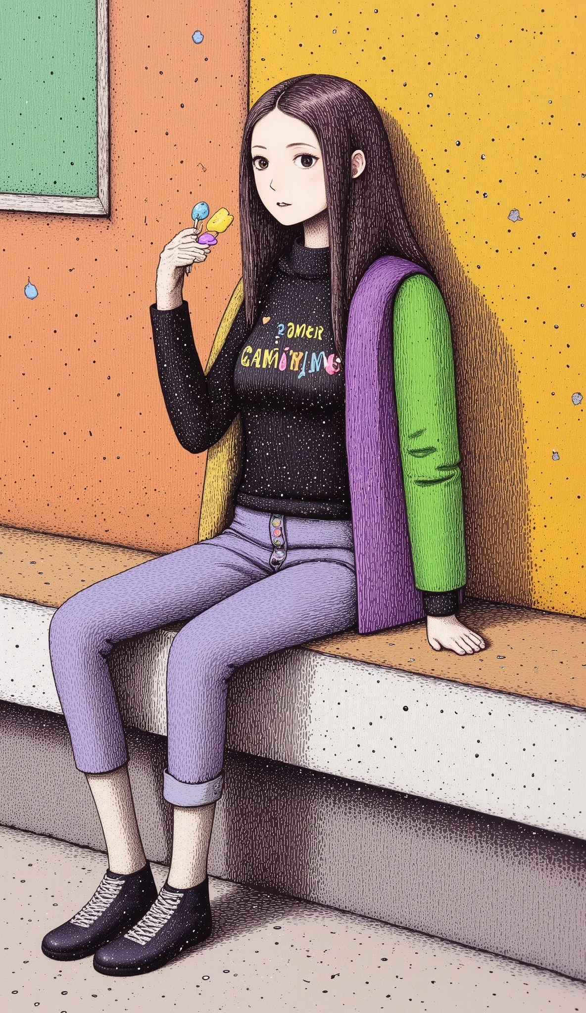 painting of a woman sitting on a shelf with a candy as a palette, she is sitting in front of the camera , sitting on the street cord , with her legs crossed , her arms resting on her knees , with one hand she grabs the candy palette , she has jet-black hair with a very shiny slit in the middle , very shiny and beautiful has long hair she wears a coat with beautiful warm colors black sweatshirt with inscriptions and drawings, her jacket falls on her shoulders , she wears rolled-up jeans , black sneakers with white laces , socks, the background of the peeling wall with various colors , orange, olive green, and yellow as if the old paint came out , some bricks seen , she looks at the camera sensually , tilted a little downward , artwork in the style of Guweiz , by Russell Dongjun Lu, inspired by Yanjun Cheng, inspired by Russell Dongjun Lu, guweiz, by Lin Liang , Guweiz's masterpiece, by Yanjun Cheng, guweiz on artstation pixiv, cyberpunk urban clothing,