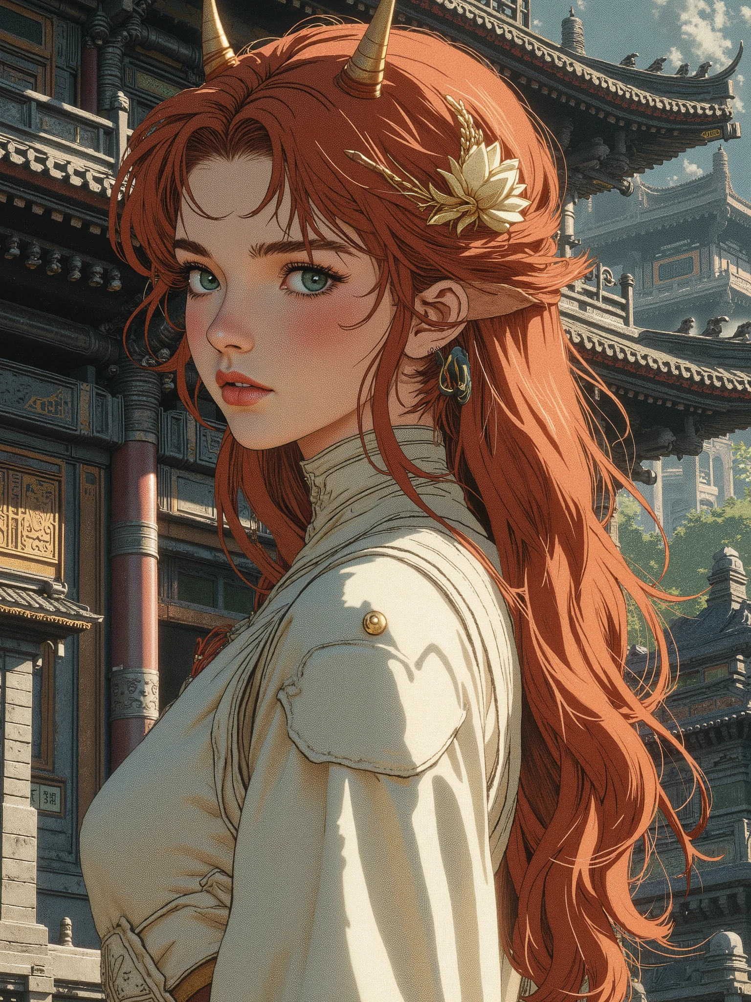 A girl , Human, with long red hair and turquoise eyes with small horns on the head, and a minimalist hairpin in the shape of a golden lotus flower in your hair, in a soft white dress with elements of armor , stands near a Chinese temple , dark grey tones