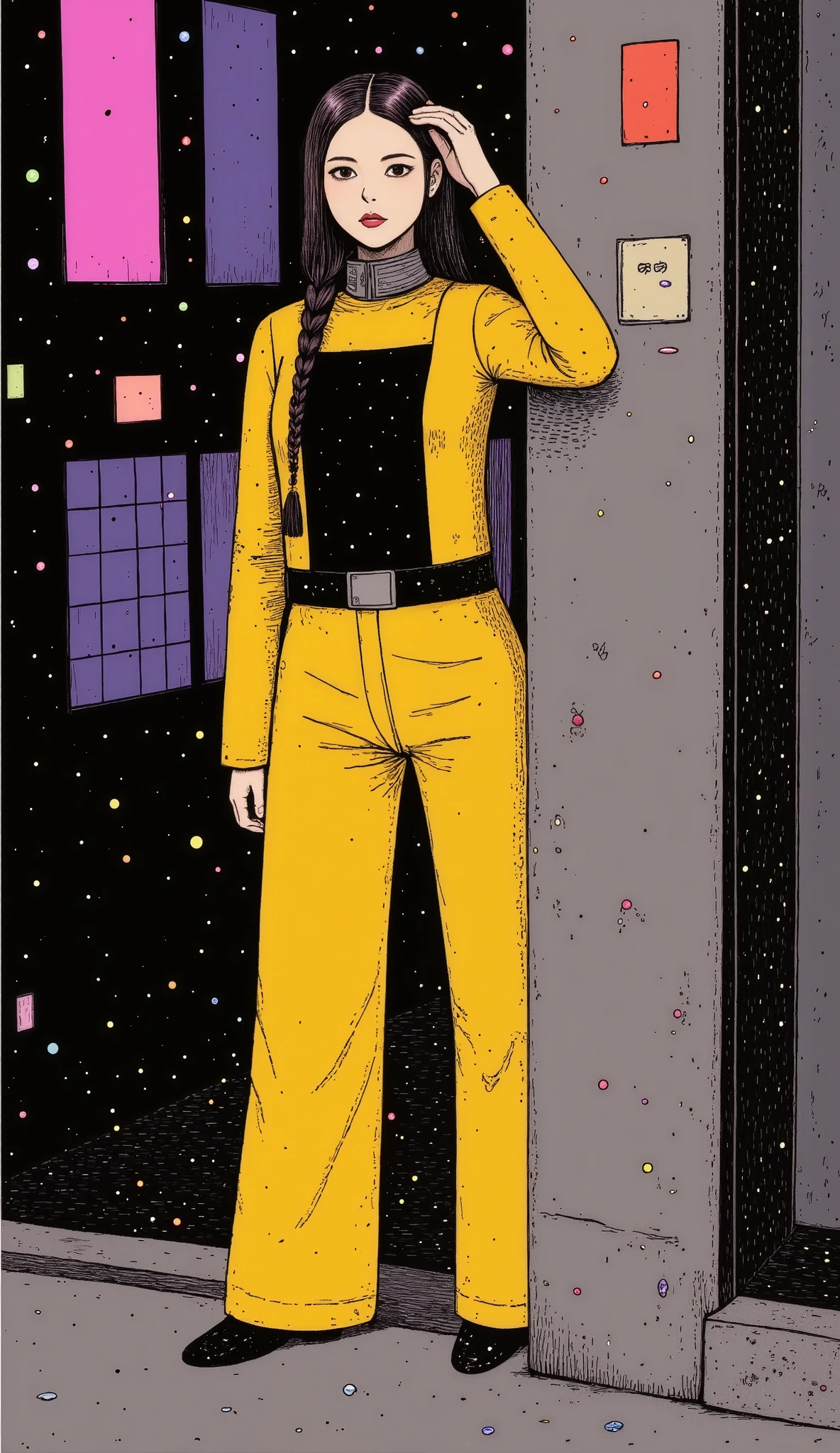 a woman dressed in a yellow suit , wide pants with long black belts , she carries a hand to her head , as if accommodating her hair , She has a very long braid , pose of dynamic and sensual action posing for a photo, photograph of a woman wearing technological clothing , cargo pants. CYBERPUNK CITY, Yellow spacesuit, yellow mono, Female main character, Cyberpunk 20 years. or Model Girl , Renderizado 3D, character art, 8K, Loba Andrade from Apex Legends, cyberpunk costume, fashion illustration cypherpunk , official character art , dark callejon background, comic style art, lois van rossdraws, Charlie Bowater and Artgerm , graphic novel art , in the style of Charlie Bowater , beautiful artwork , Charlie Bowater art style , ( better quality,4k,8K, high resolution sweatshirt, masterpiece:1.2), ultra detailed, sharp focus,(realistic,photorealistic,photo-realistic:1.37), very detailed face, extremely detailed facial features,hyper realistic skin texture, extremely fine details , intricate details, detailed eyes,Detailed nose, detailed lips, detailed facial expressions ,Intricate facial anatomy, intense lighting, dramatic lighting , changing lighting , cinematic lighting,chiaroscuro lighting, dramatic shadows ,dramatic moments, vivid colors,intense colors,Deep contrast, cinematic depth of field , film composition , motion picture camera angle