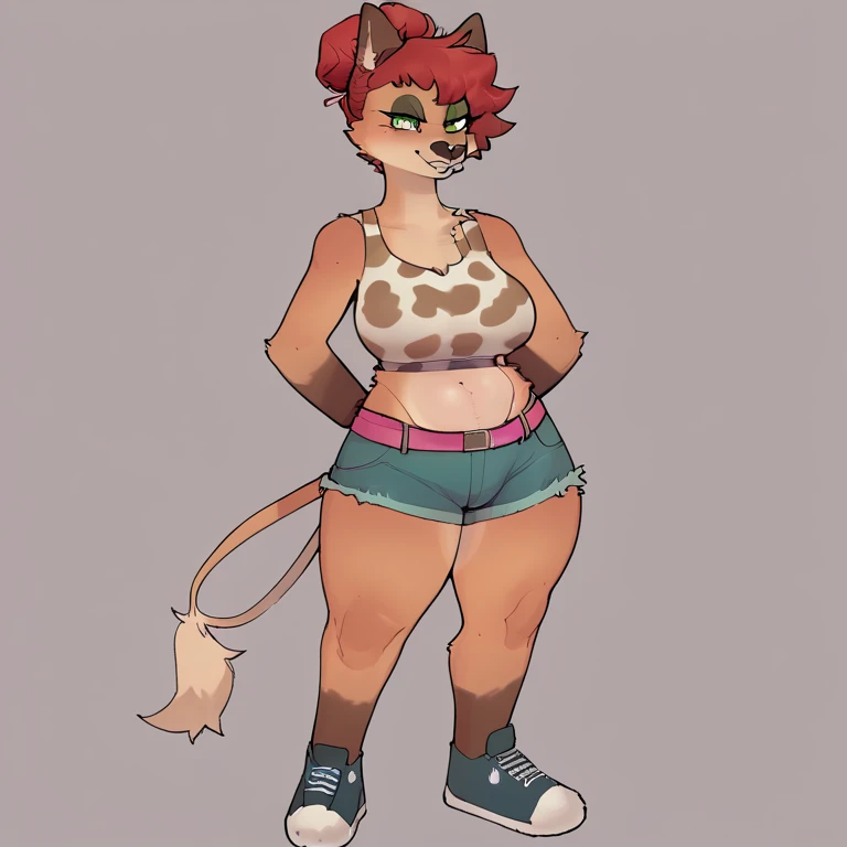 for baby baby, por lostgoose,  by goonie-san , Alone, Standing,  body, kemono furry, anthro fox, Iberic Fox , big ,  beating breats ,  brecier in white cow print with red polka dots  ,  turquoise denim shorts and pink belt and blue shoes .  Her hair is red haired and has a strange curly hairstyle with Lacio, updo style updo casual updo type high untidy bun with fringe that covers your left eyes, green eyes painted lips ,  southern , mischievous look, in love,