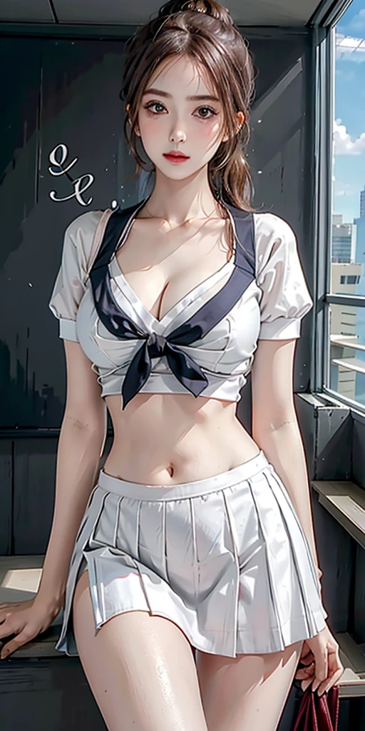 Japanese student uniform、(bare-shoulder), Girls' High School Uniforms, (wearing rimless glasses)、(arms up)、(kneeling), Short pleated skirt、school classrooms、wet body、Detailed rendering、8k RAW photo、超A high resolution、Ultra-realistic、masterpiece、cute 18 year old japanese girl、busty girl、beautiful eyes in detail、Beautiful clear amber eyes、long eyeslashes、Slender eyes、Charming smile、beautiful and very slender girl、beautiful thigh、(Wearing black stockings)、big wavy hair、chestnut-colored hair、Gravure Pose、full body photographed、miscievous smile