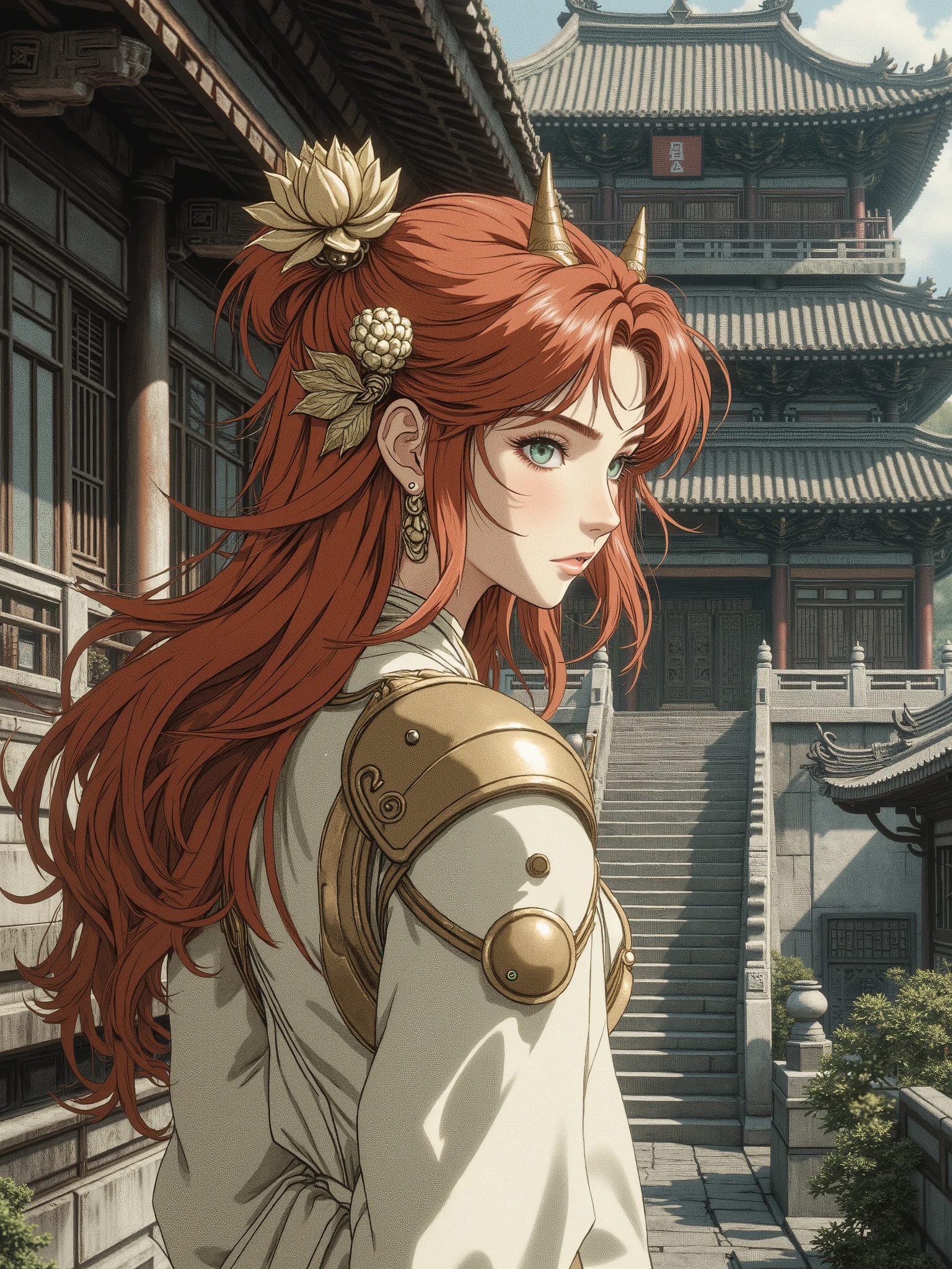 A girl , Human, with long red hair and turquoise eyes with small horns on the head, and a minimalist hairpin in the shape of a golden lotus flower in your hair, in a soft white dress with elements of armor , stands near a Chinese temple , dark grey tones