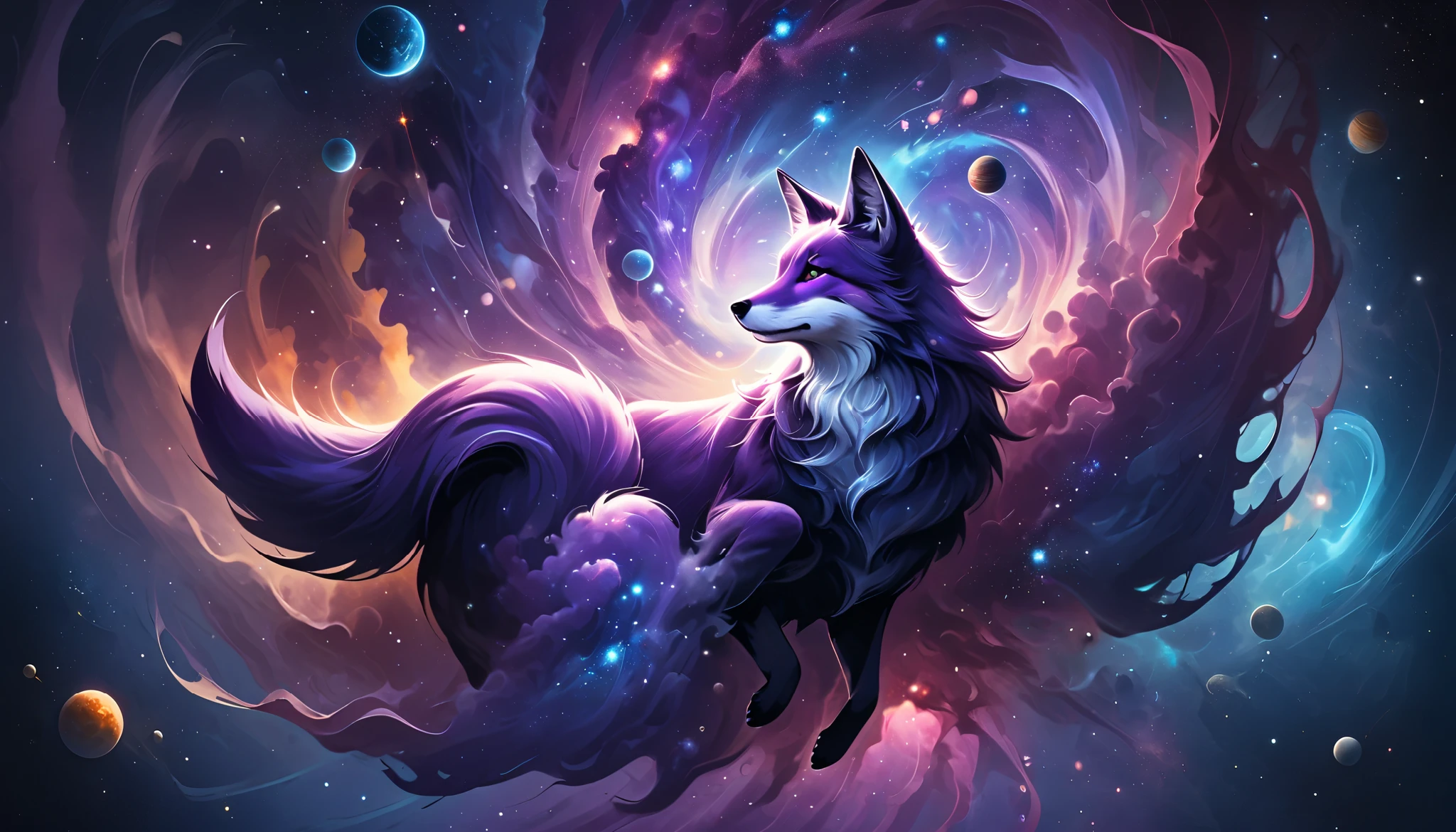 a purple fox with blue pink purple galaxy fur smoky realistic galaxy with planets and pillars of creations the fox floating around in space, the fox up close flying around