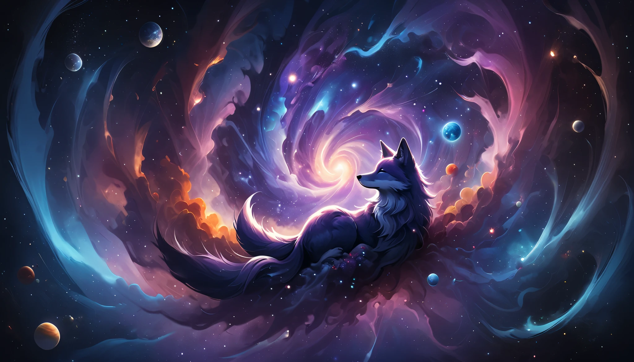 a fox with blue pink purple galaxy fur smoky realistic galaxy with planets and pillars of creations the fox floating around in space, the fox up close flying around
