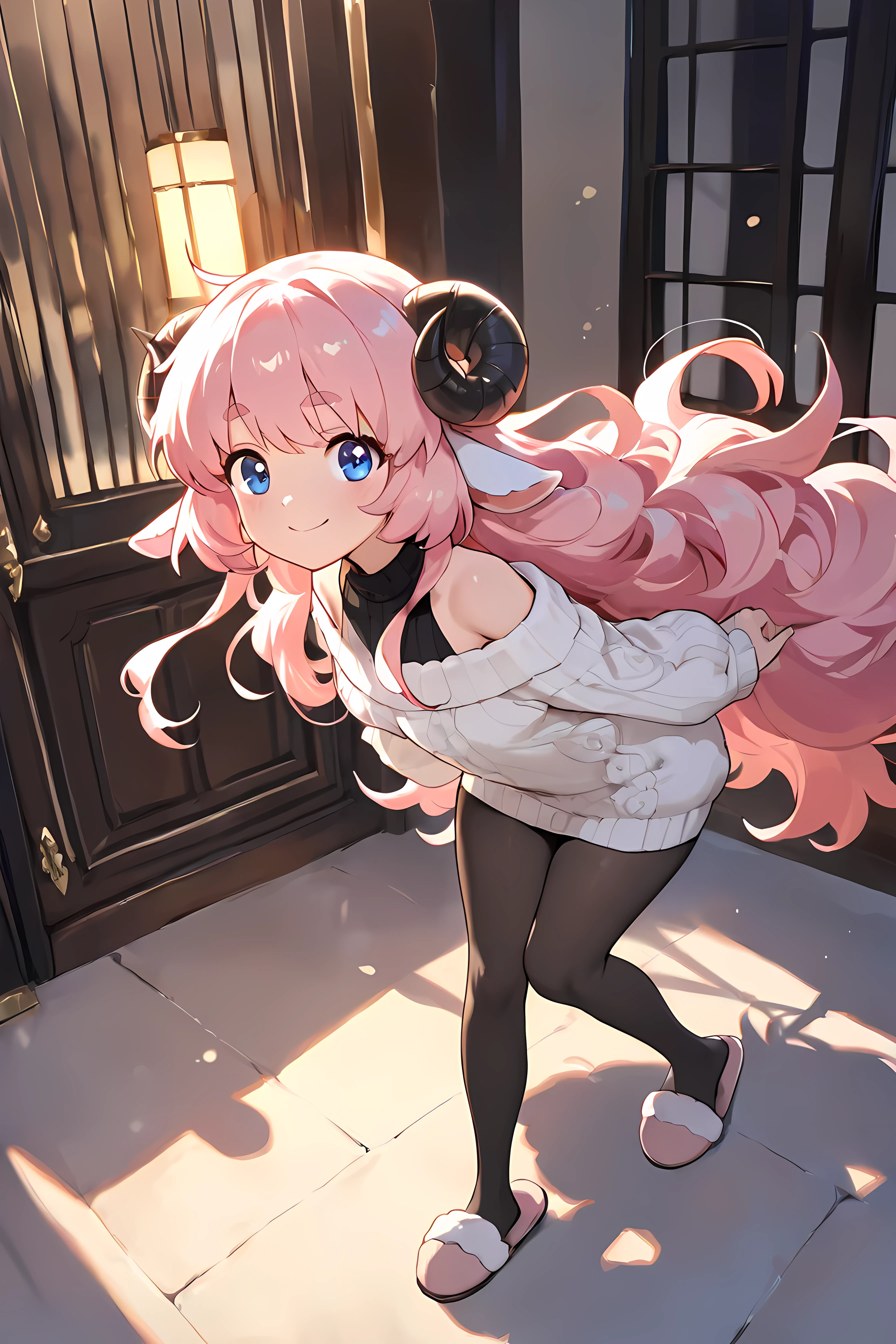 (masterpiece, best quality, extremely detailed, absurdres, very aesthetic), full body:1.5, from front:1.5, (highly detailed background, lighting), (sheep girl\super detailed skin, detailed beautiful face and eyes, Big and soft anime eyes, Thick eyebrows:1.1,Fluffy long hair like a sheep's wool, pink hair, Each and every strand of hair is depicted in detail, Sheep's round horns, smile), (Knee-length one-piece sweater, Shoulders are exposed, Black tights, slippers) BREAK Natural elements, fantastical features, light and shadow effects, color and atmosphere